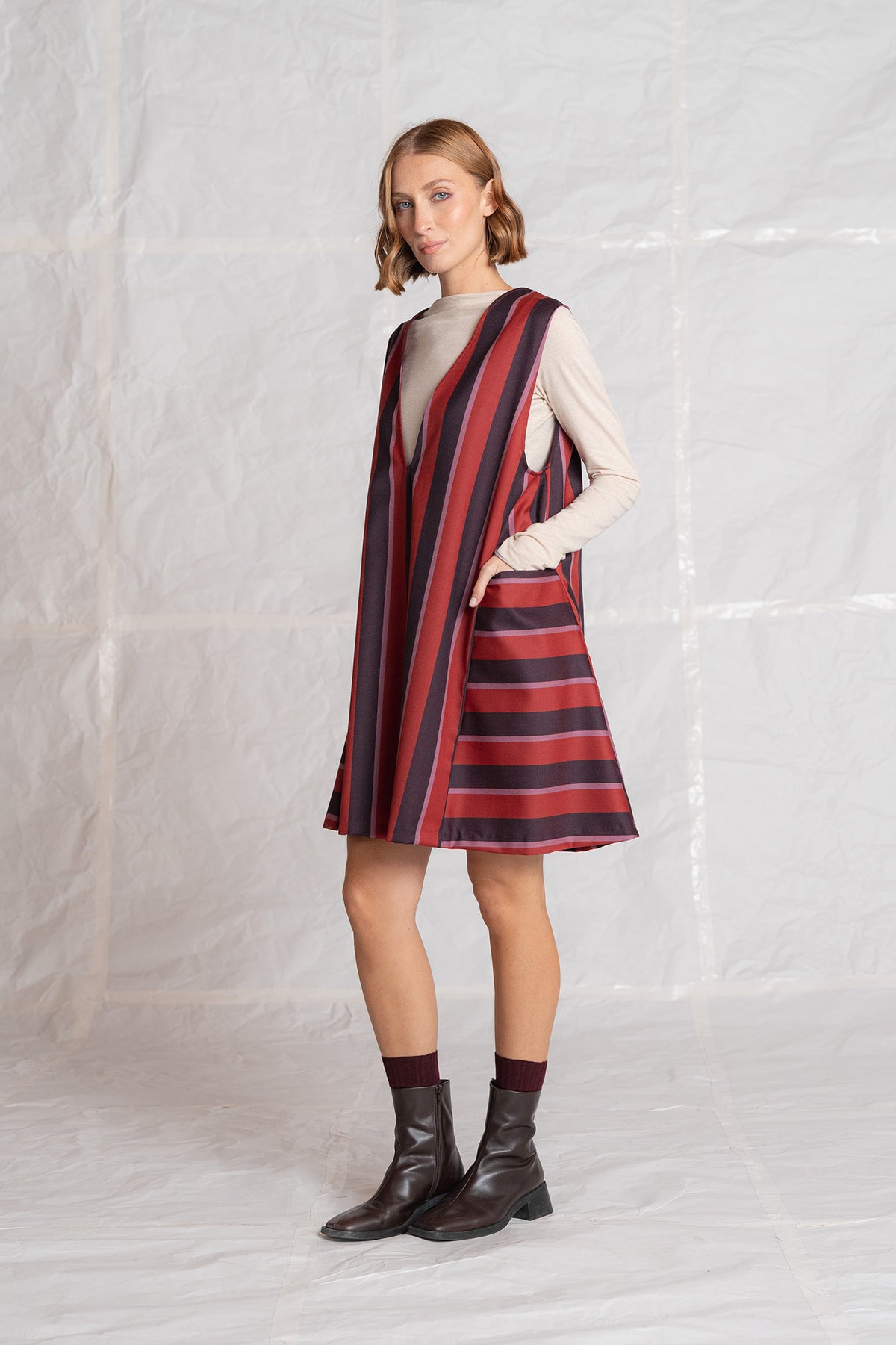 Vestito scamiciato Cosmo in lana vergine - Righe rosso e blu