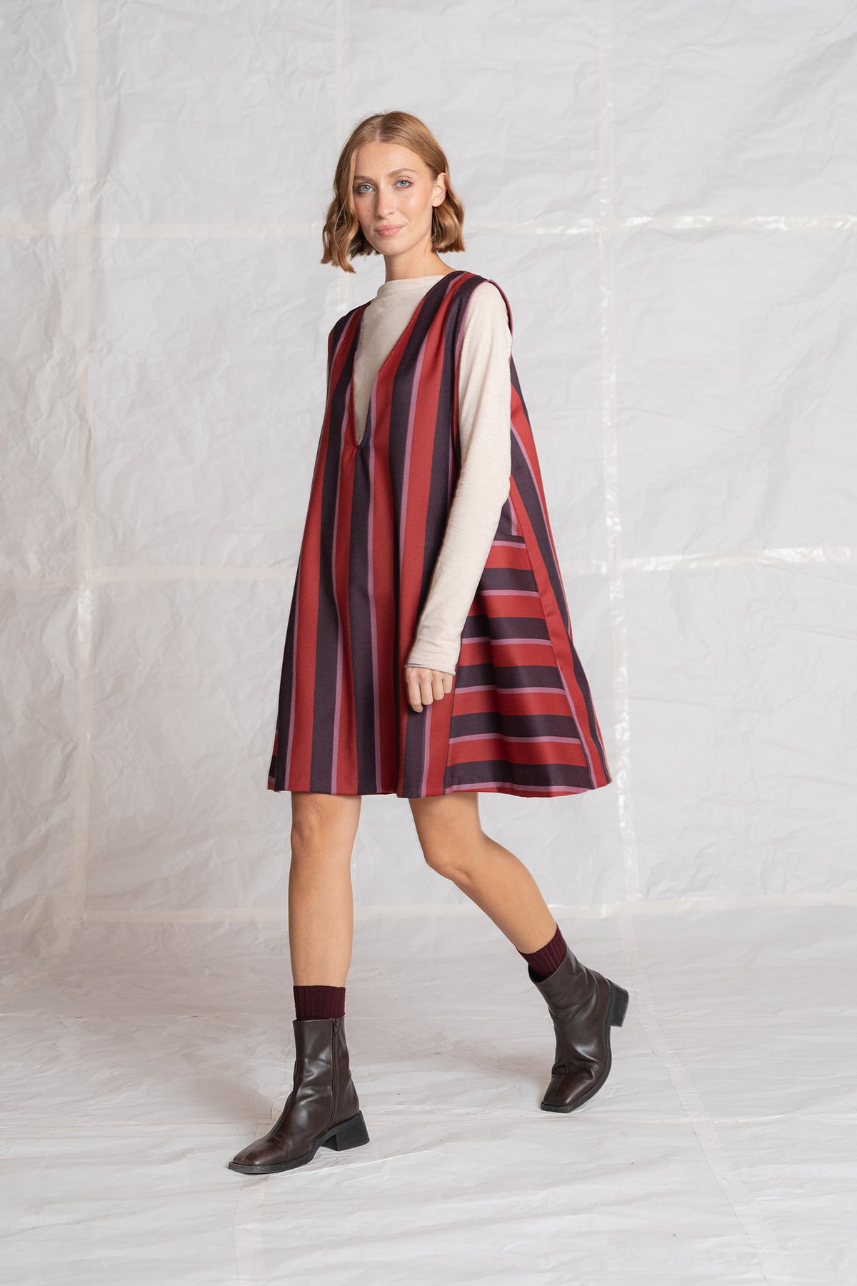 Vestito scamiciato Cosmo in lana vergine - Righe rosso e blu