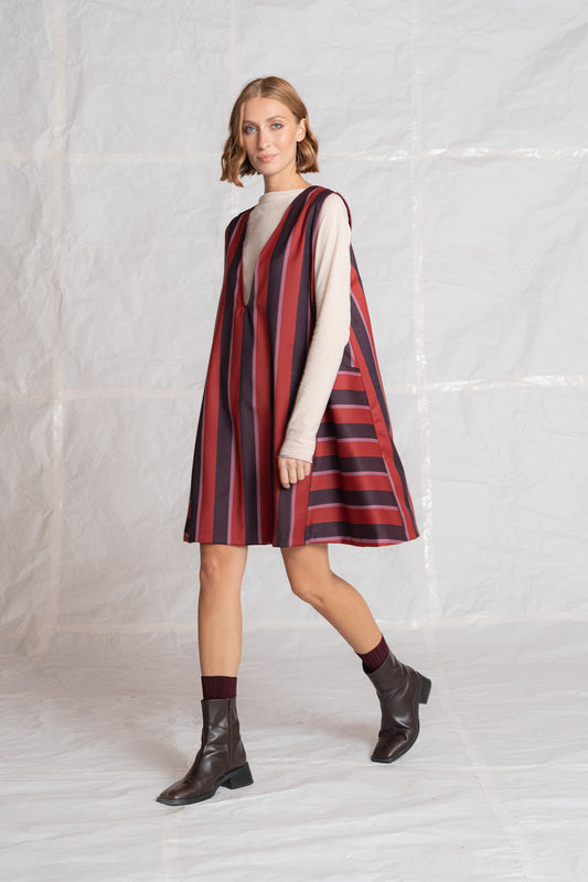 Vestito scamiciato Cosmo in lana vergine - Righe rosso e blu