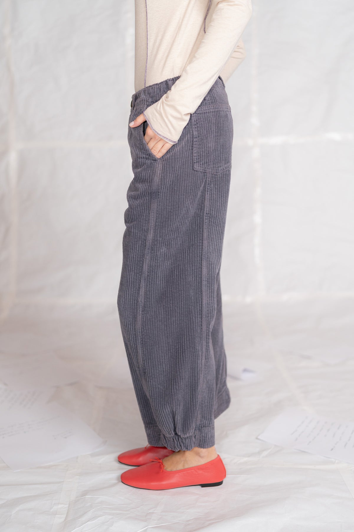 Pantalone Selene in velluto con elastico in vita - Malva