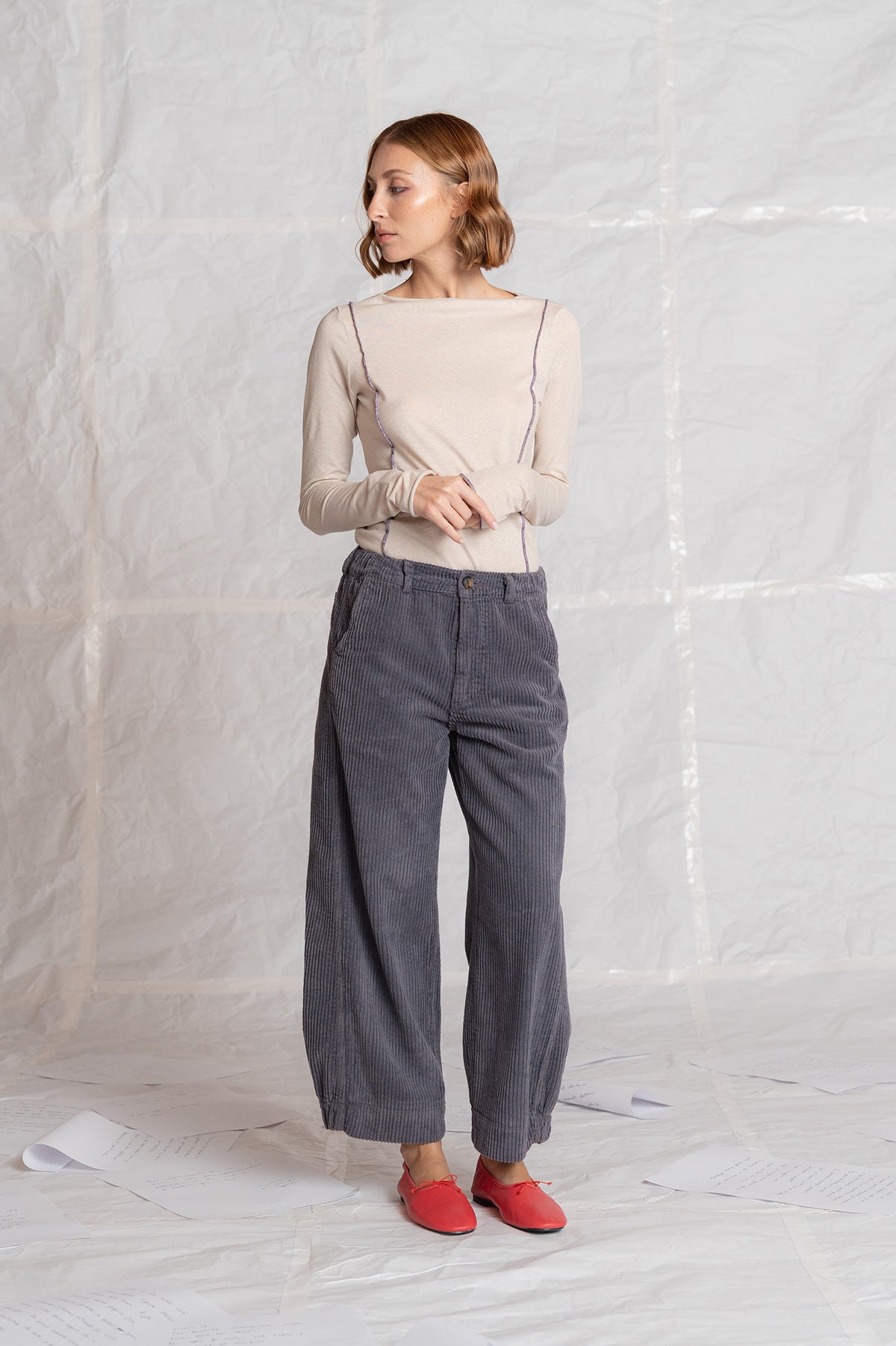 Pantalone Selene in velluto con elastico in vita - Malva
