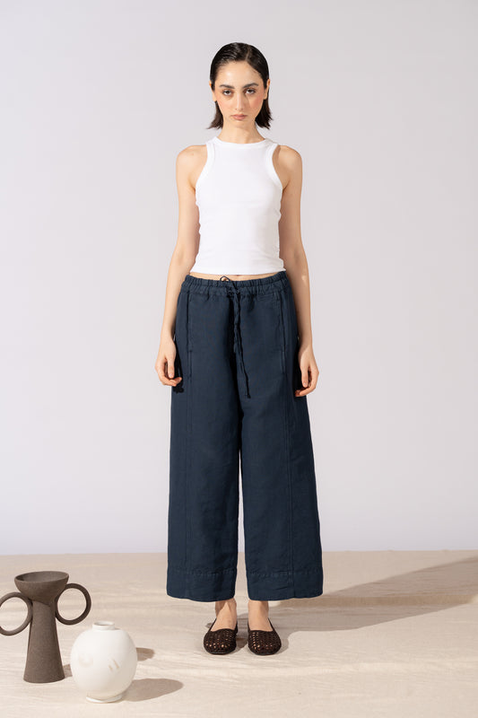 Pantaloni Levante in canapa cotone con elastico in vita e coulisse - blu Navy