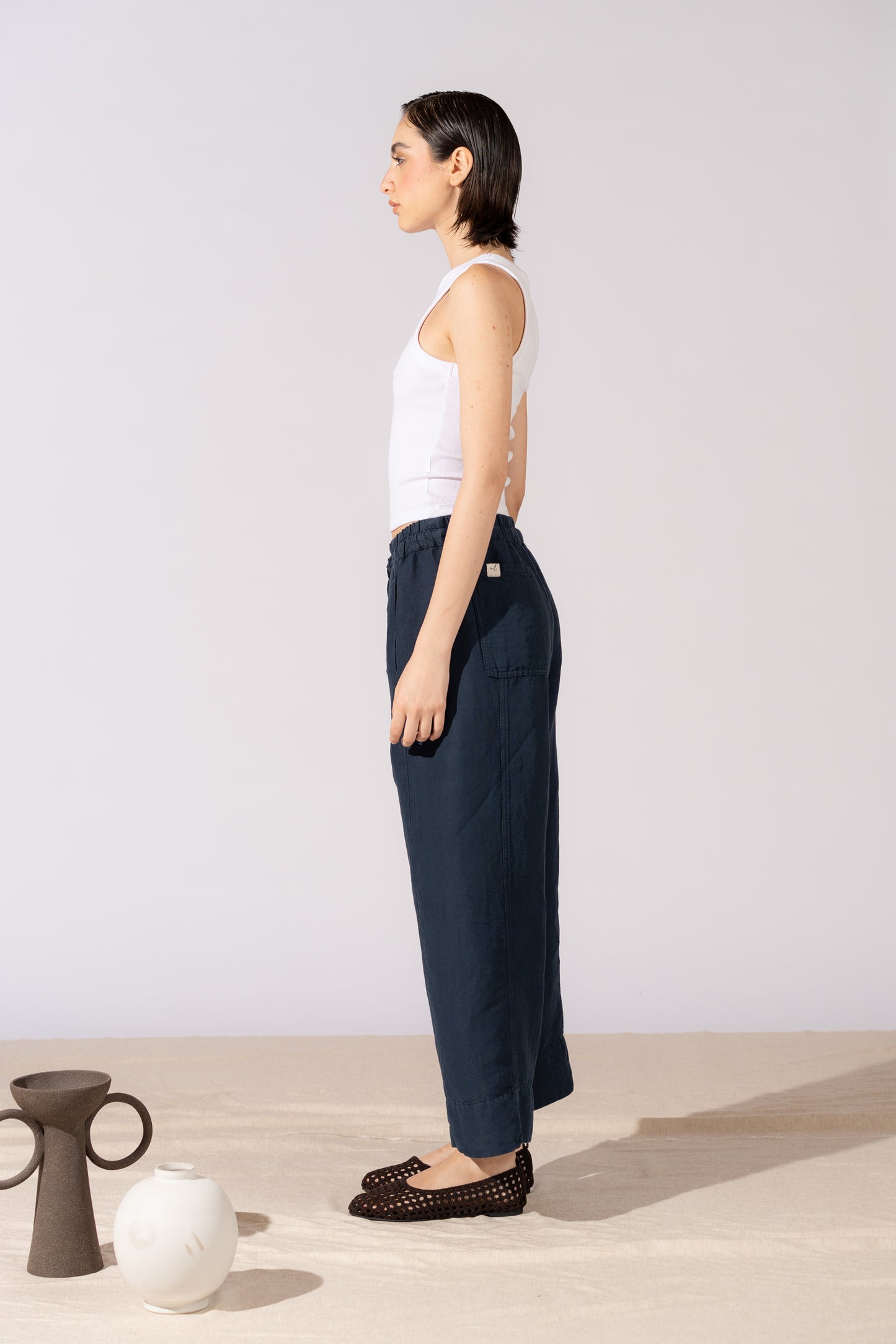 Pantaloni Levante in canapa cotone con elastico in vita e coulisse - blu Navy