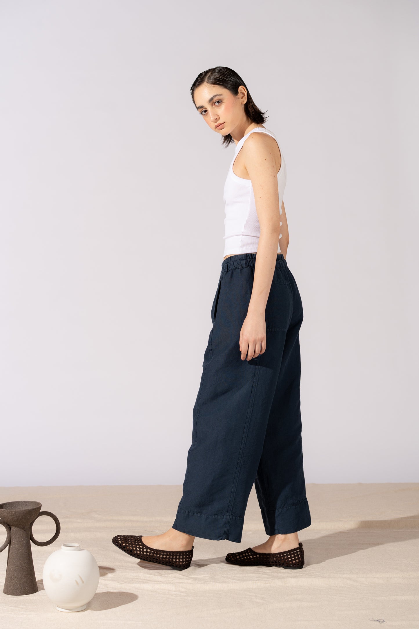 Pantaloni Levante in canapa cotone con elastico in vita e coulisse - blu Navy
