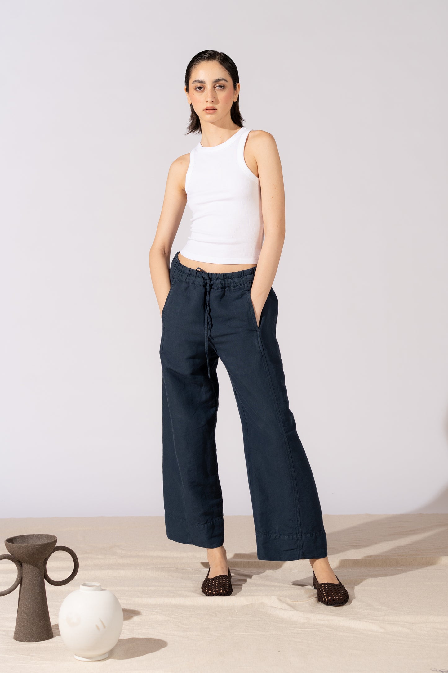 Pantaloni Levante in canapa cotone con elastico in vita e coulisse - blu Navy
