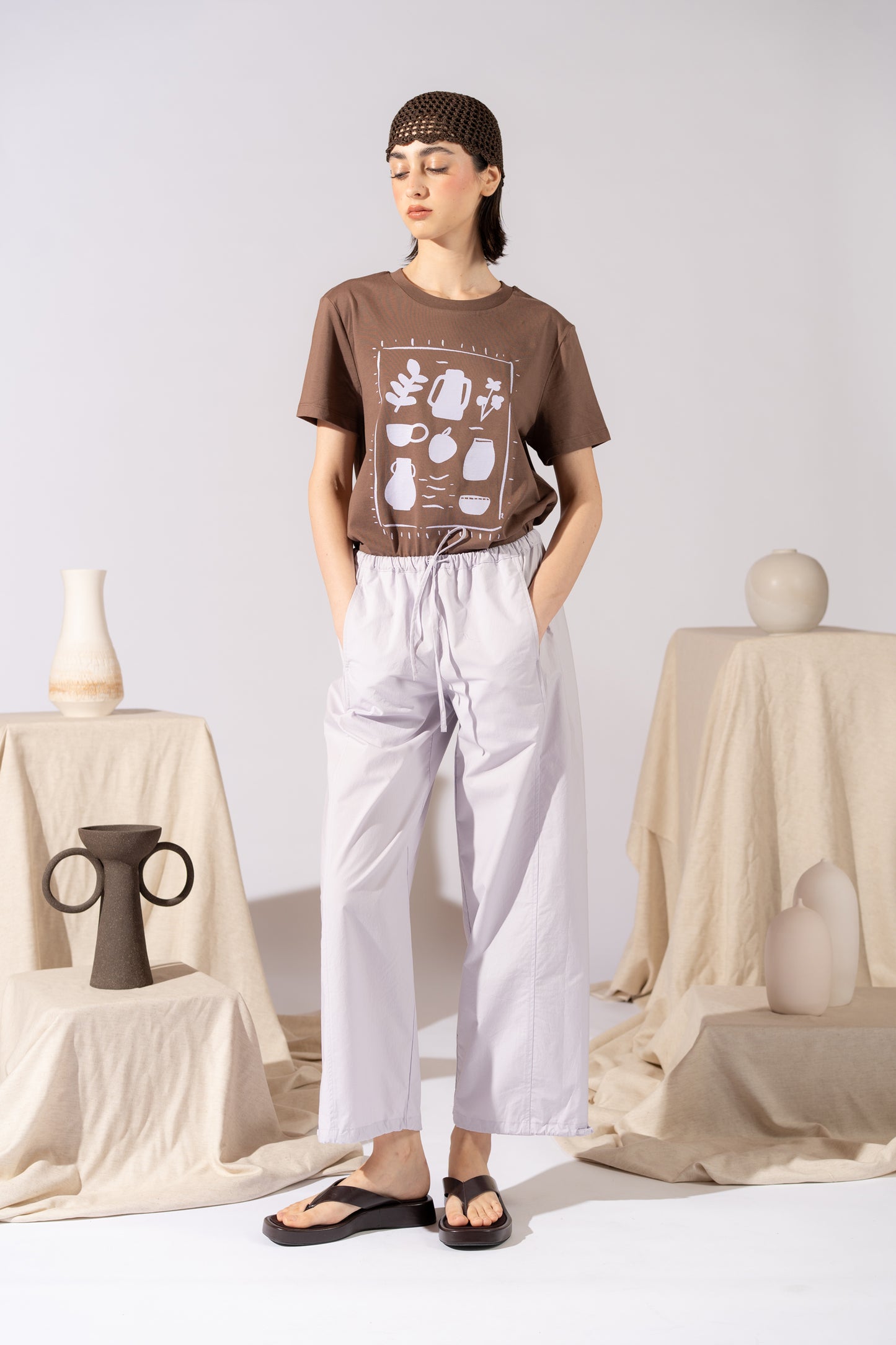 Pantaloni Jasmine in cotone con elastico in vita e coulisse alla caviglia - Lilla