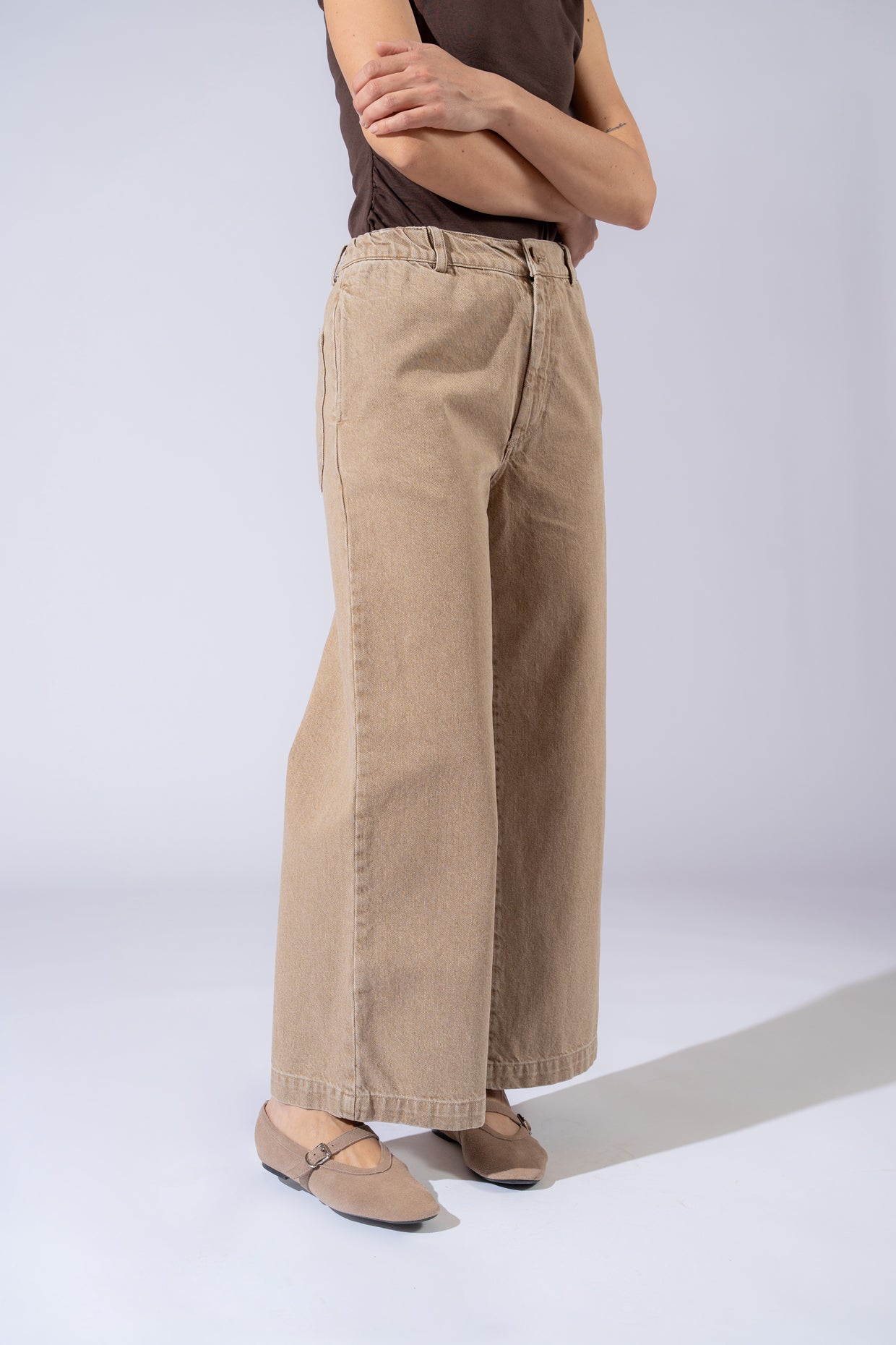 Jeans Petra in cotone con elastico in vita - Beige Duna washed