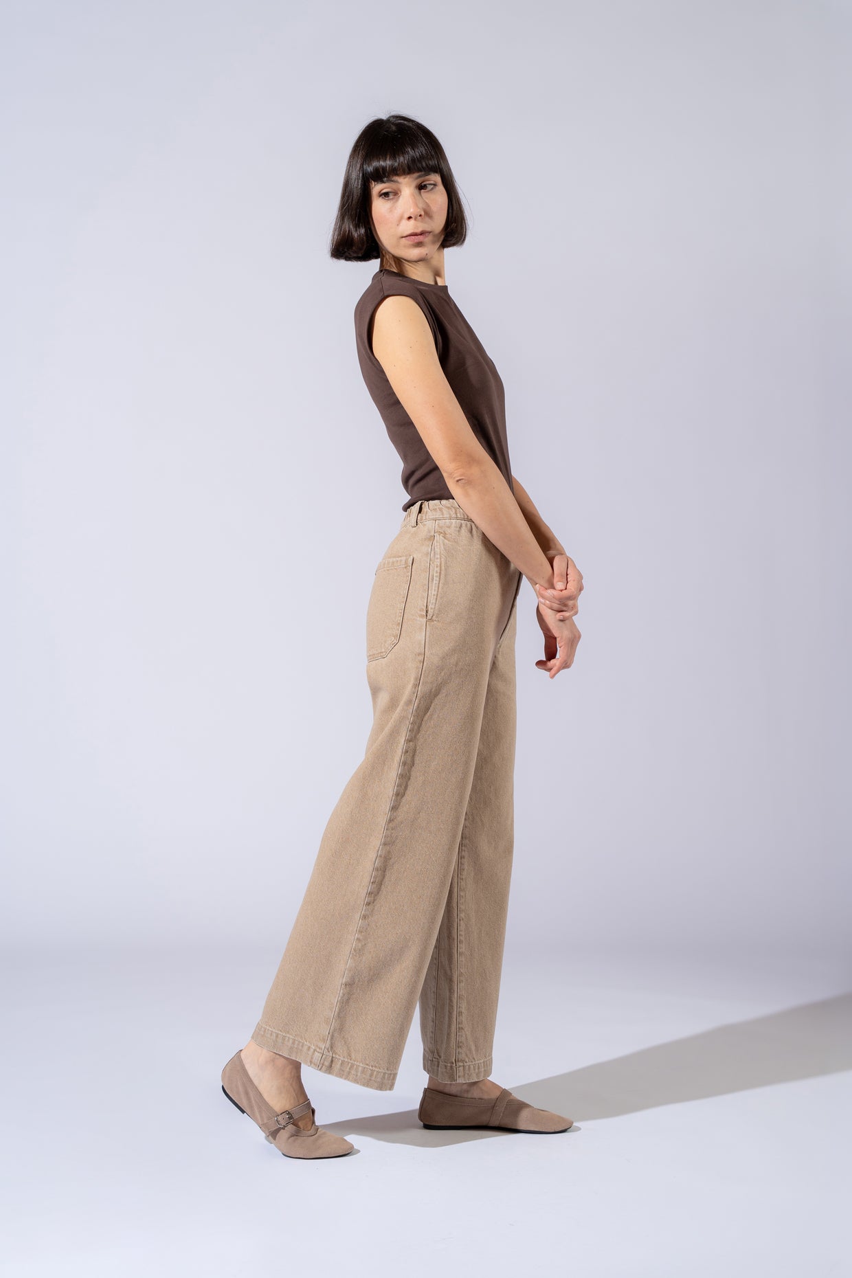 Jeans Petra in cotone con elastico in vita - Beige Duna washed