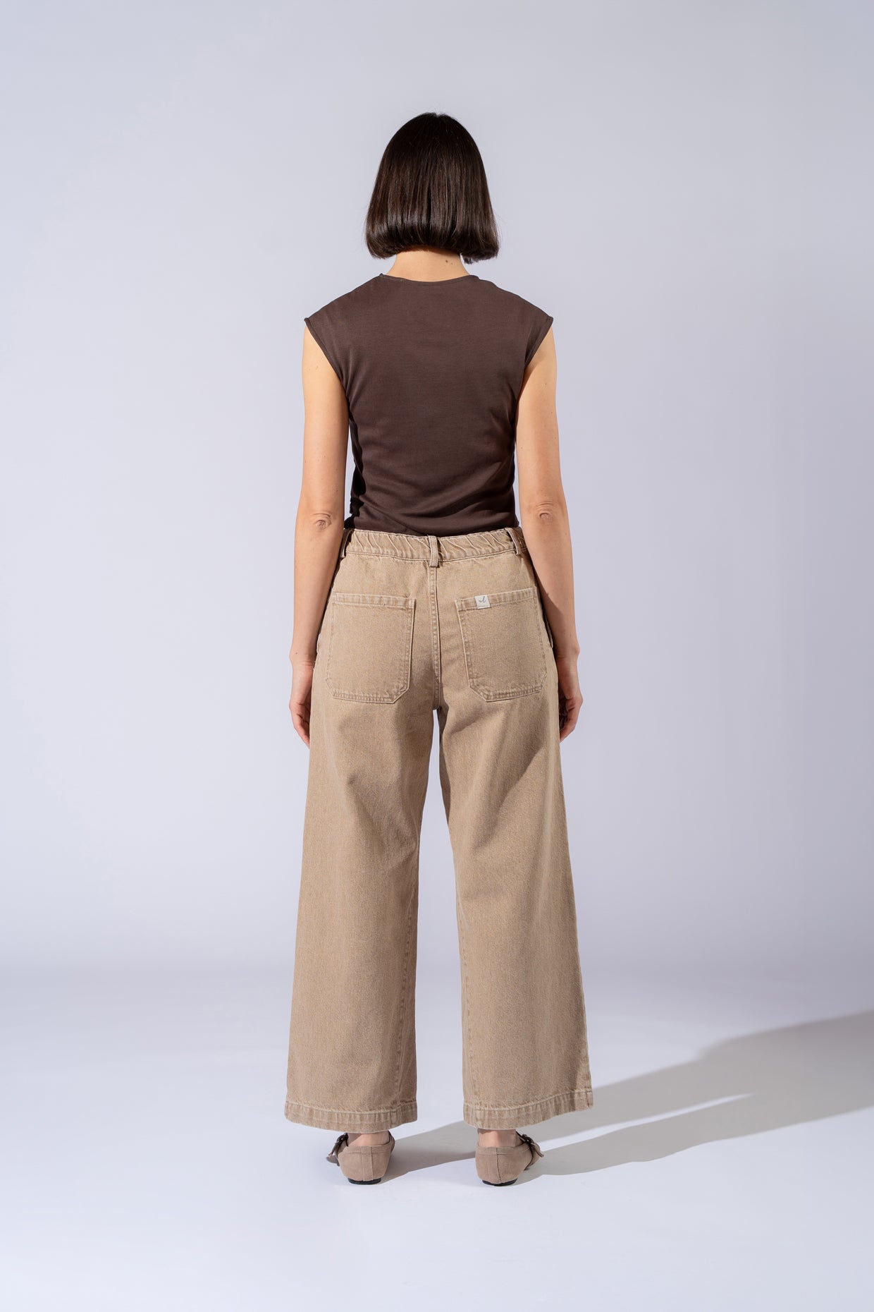 Jeans Petra in cotone con elastico in vita - Beige Duna washed