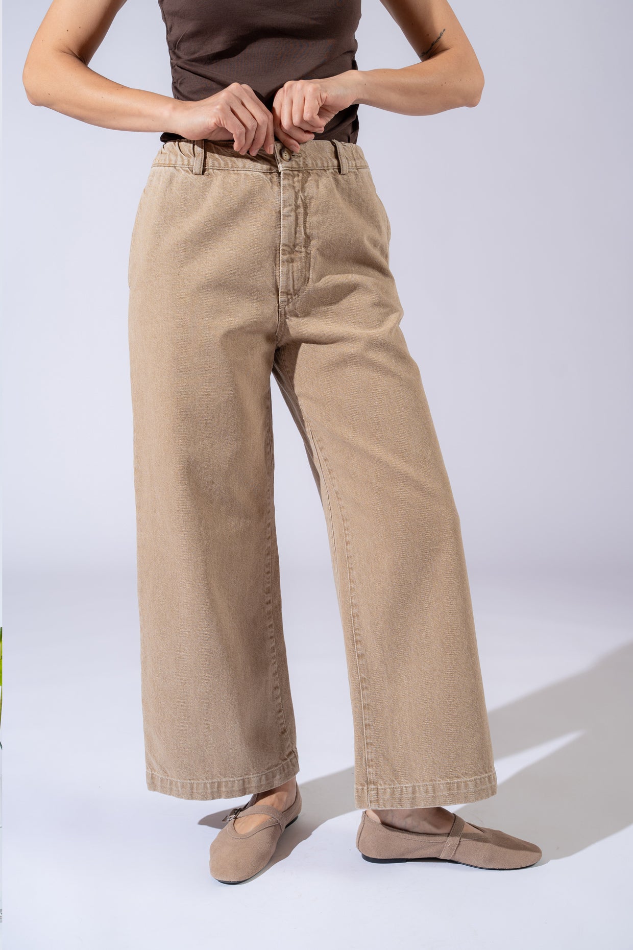 Jeans Petra in cotone con elastico in vita - Beige Duna washed