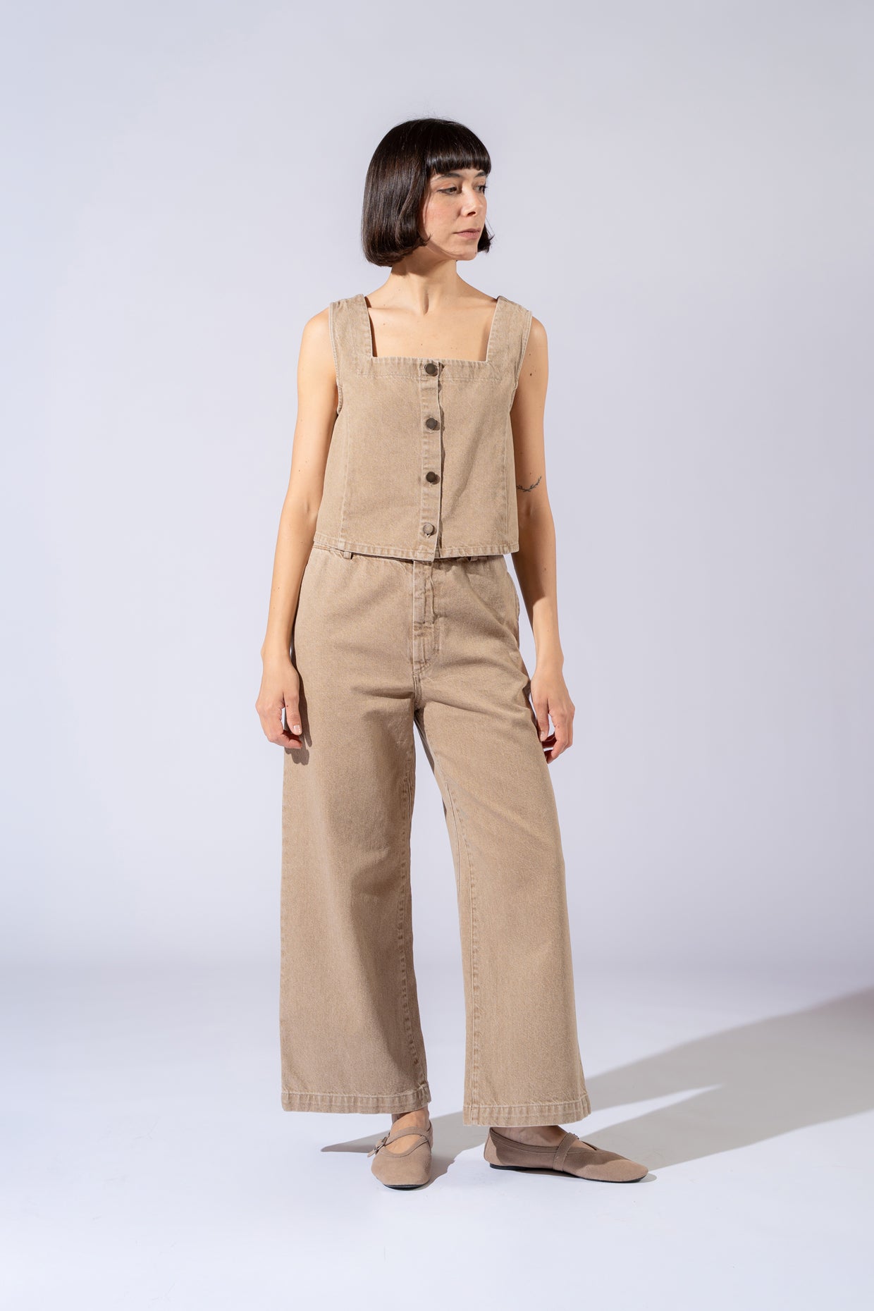 Jeans Petra in cotone con elastico in vita - Beige Duna washed