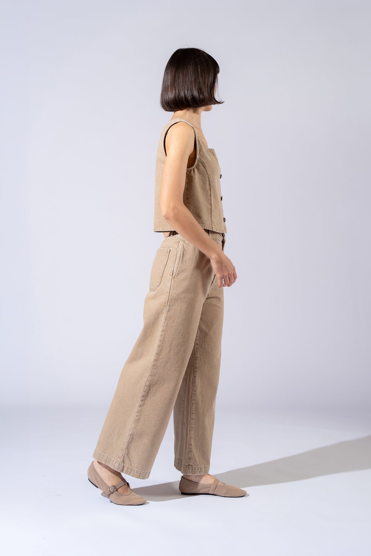 Jeans Petra in cotone con elastico in vita - Beige Duna washed