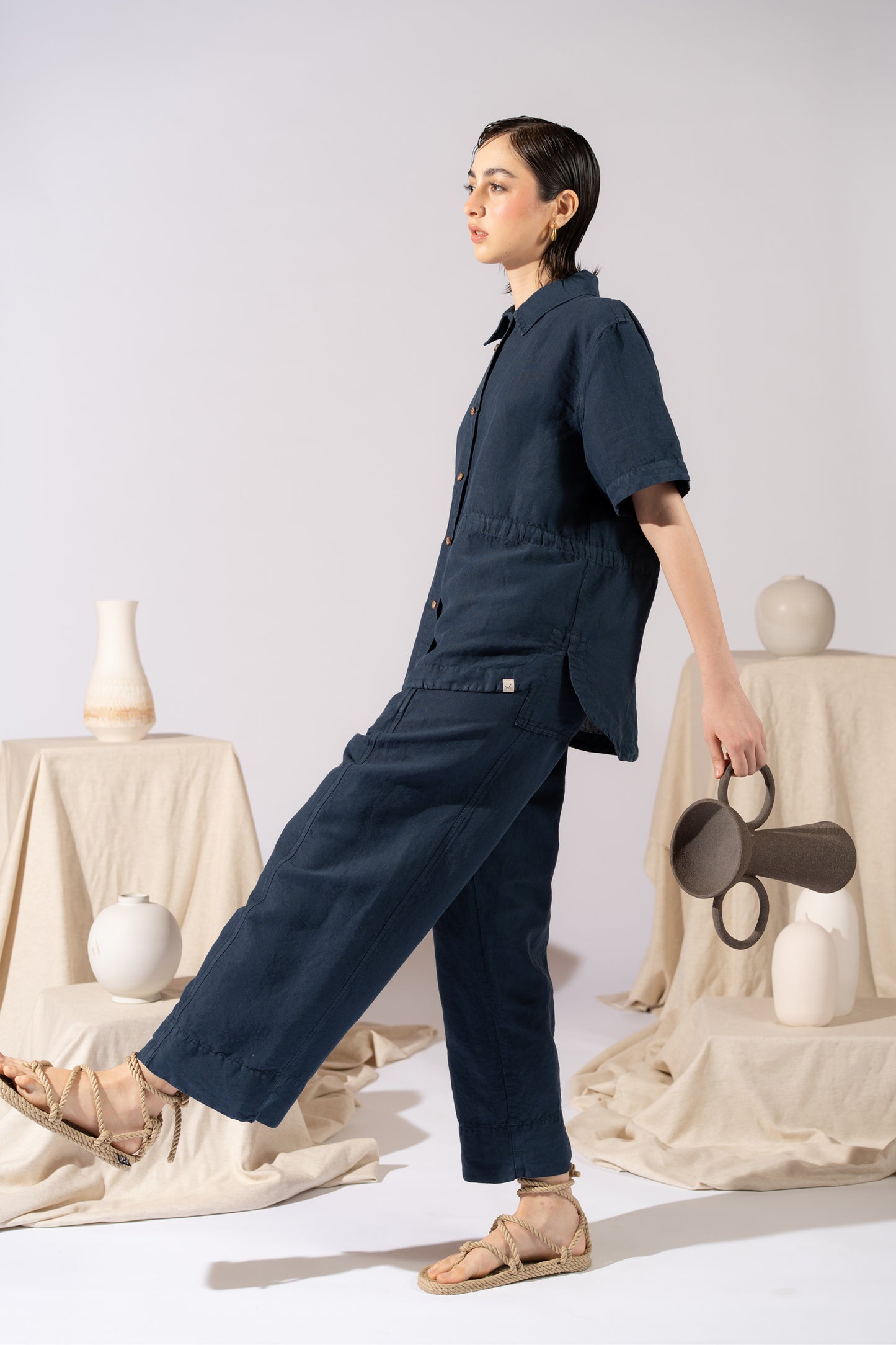 Camicia Aura con coulisse in Canapa Cotone - Blu navy