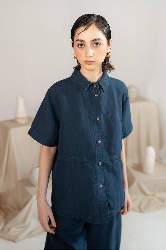 Camicia Aura con coulisse in Canapa Cotone - Blu navy