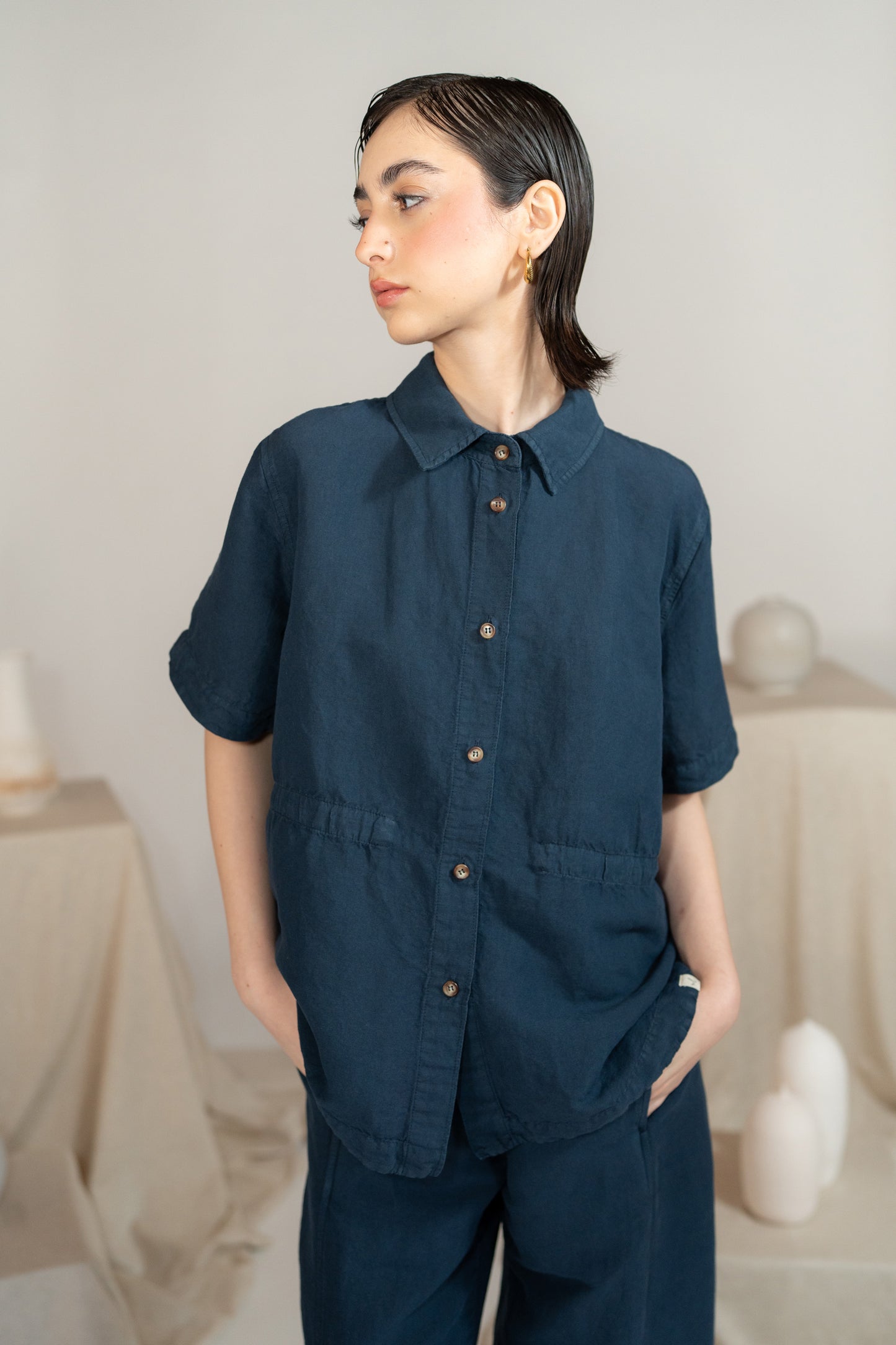 Camicia Aura con coulisse in Canapa Cotone - Blu navy