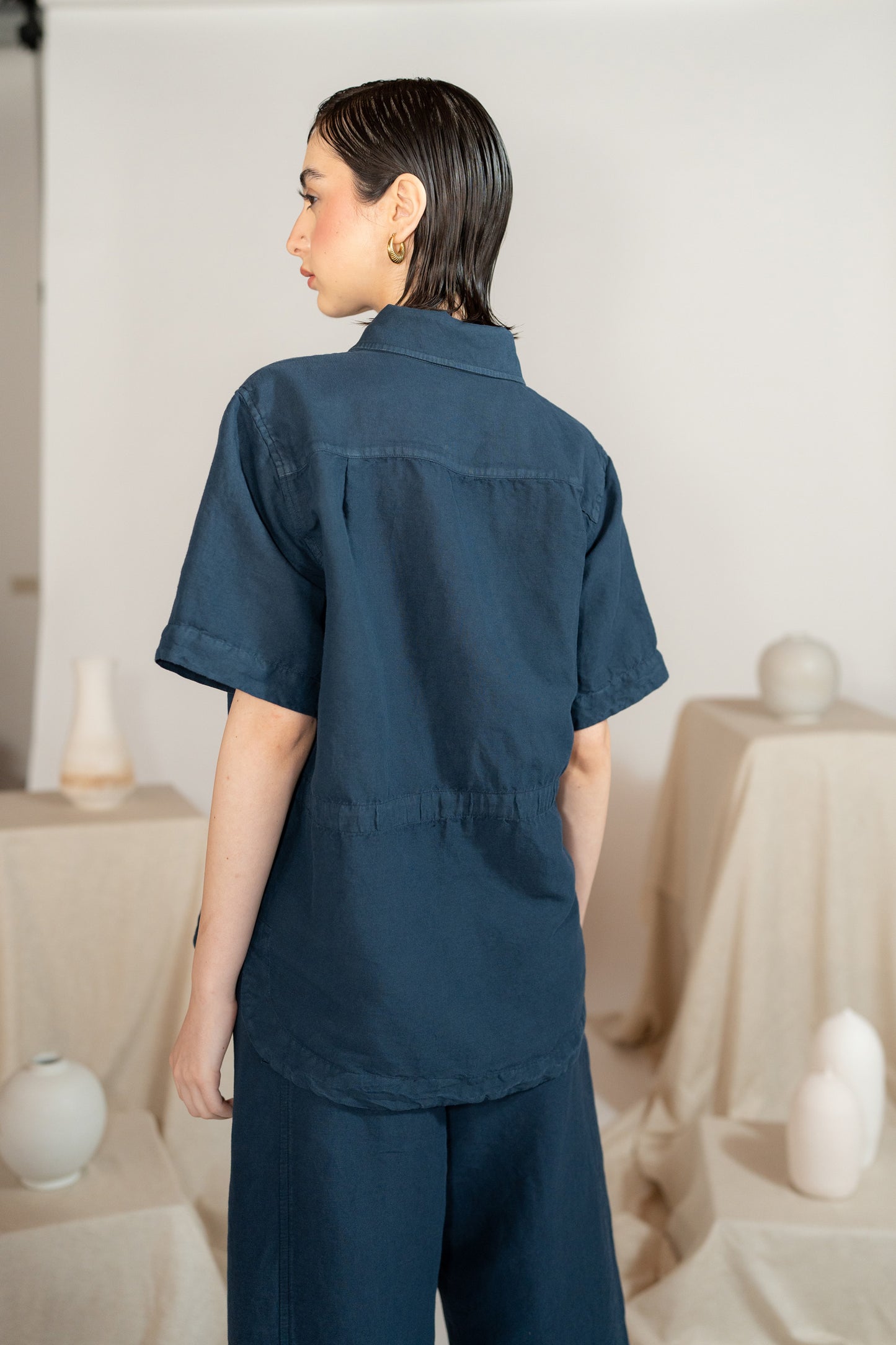 Camicia Aura con coulisse in Canapa Cotone - Blu navy