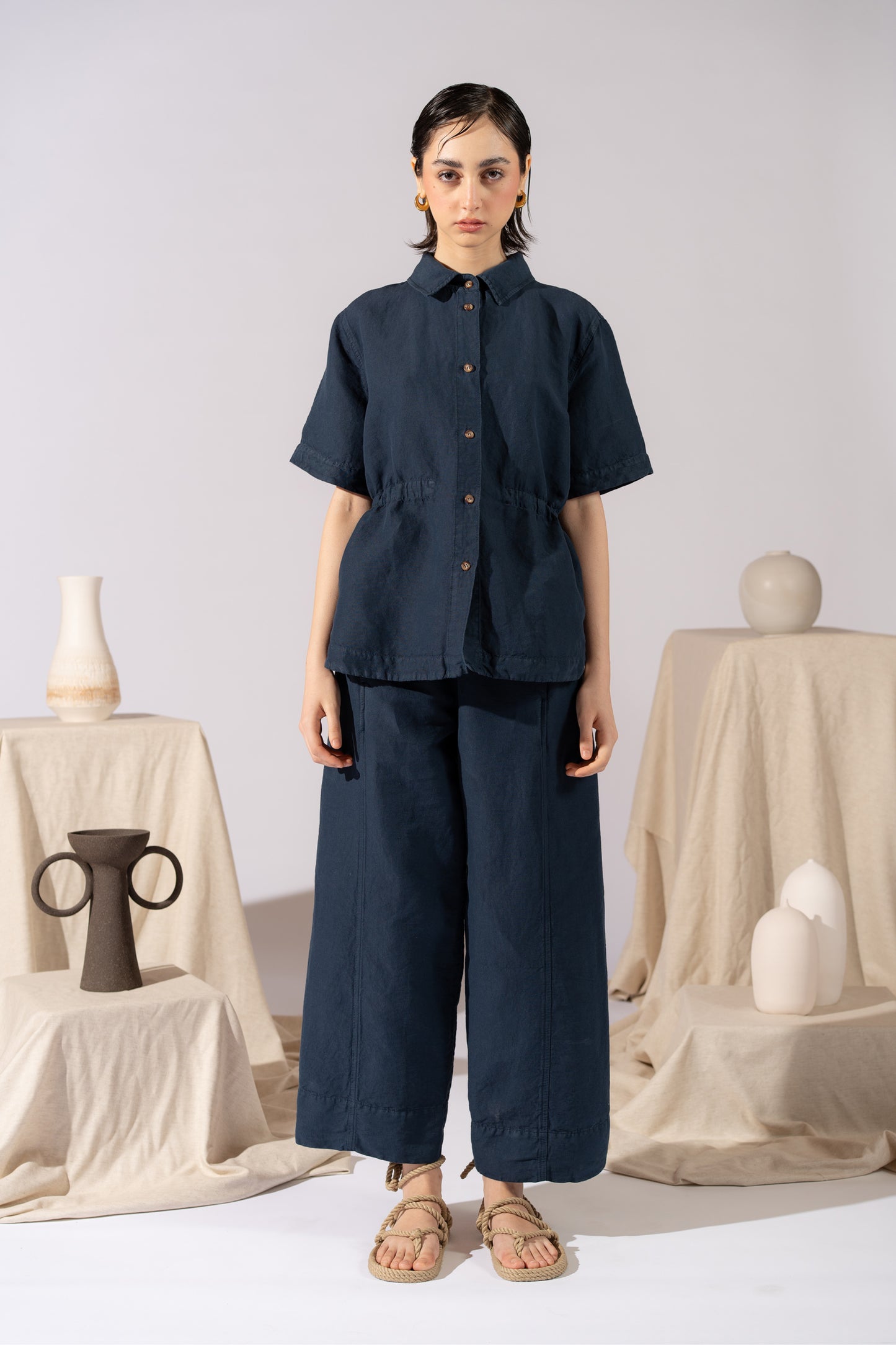 Camicia Aura con coulisse in Canapa Cotone - Blu navy