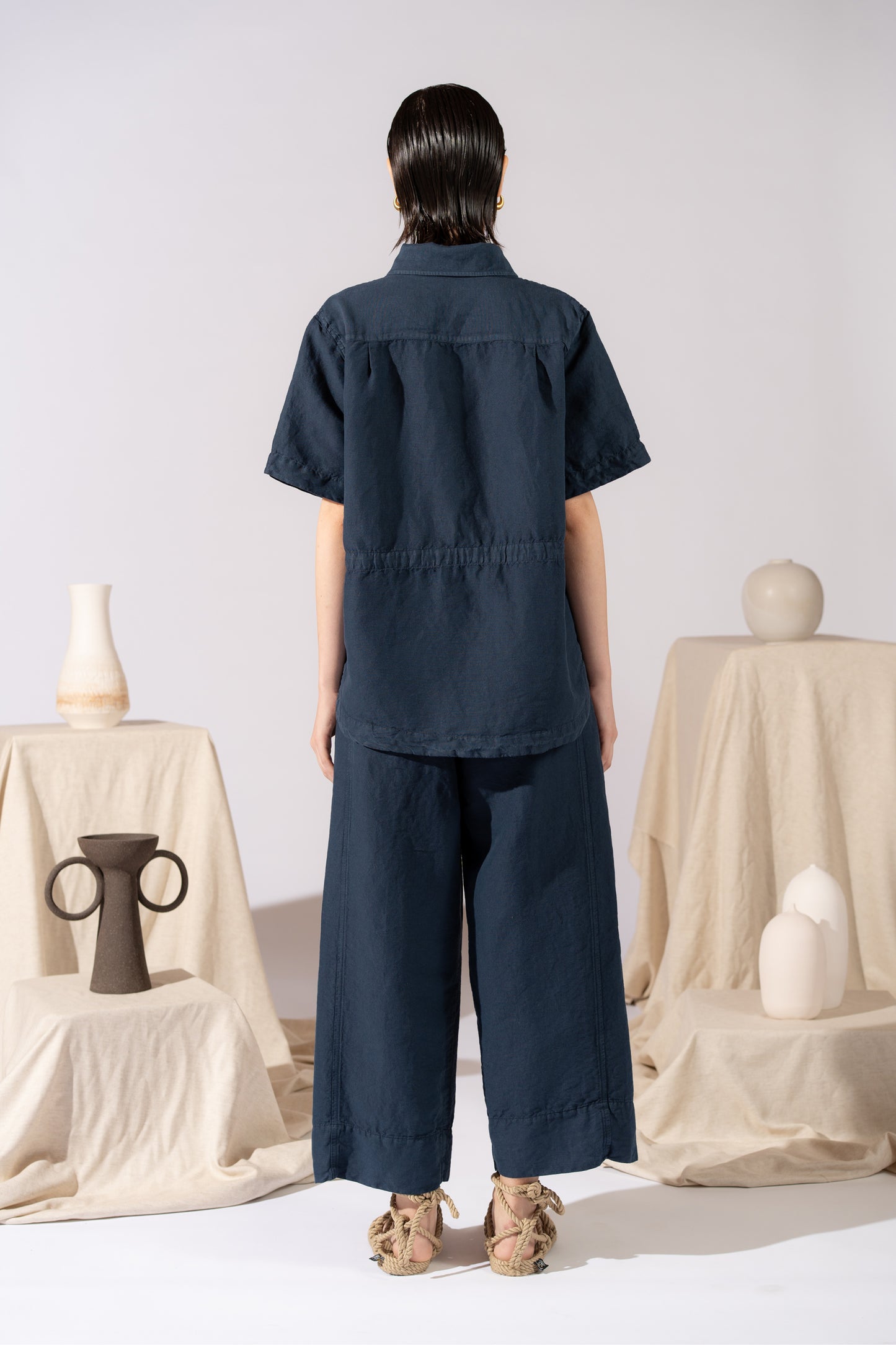 Pantaloni Levante in canapa cotone con elastico in vita e coulisse - blu Navy