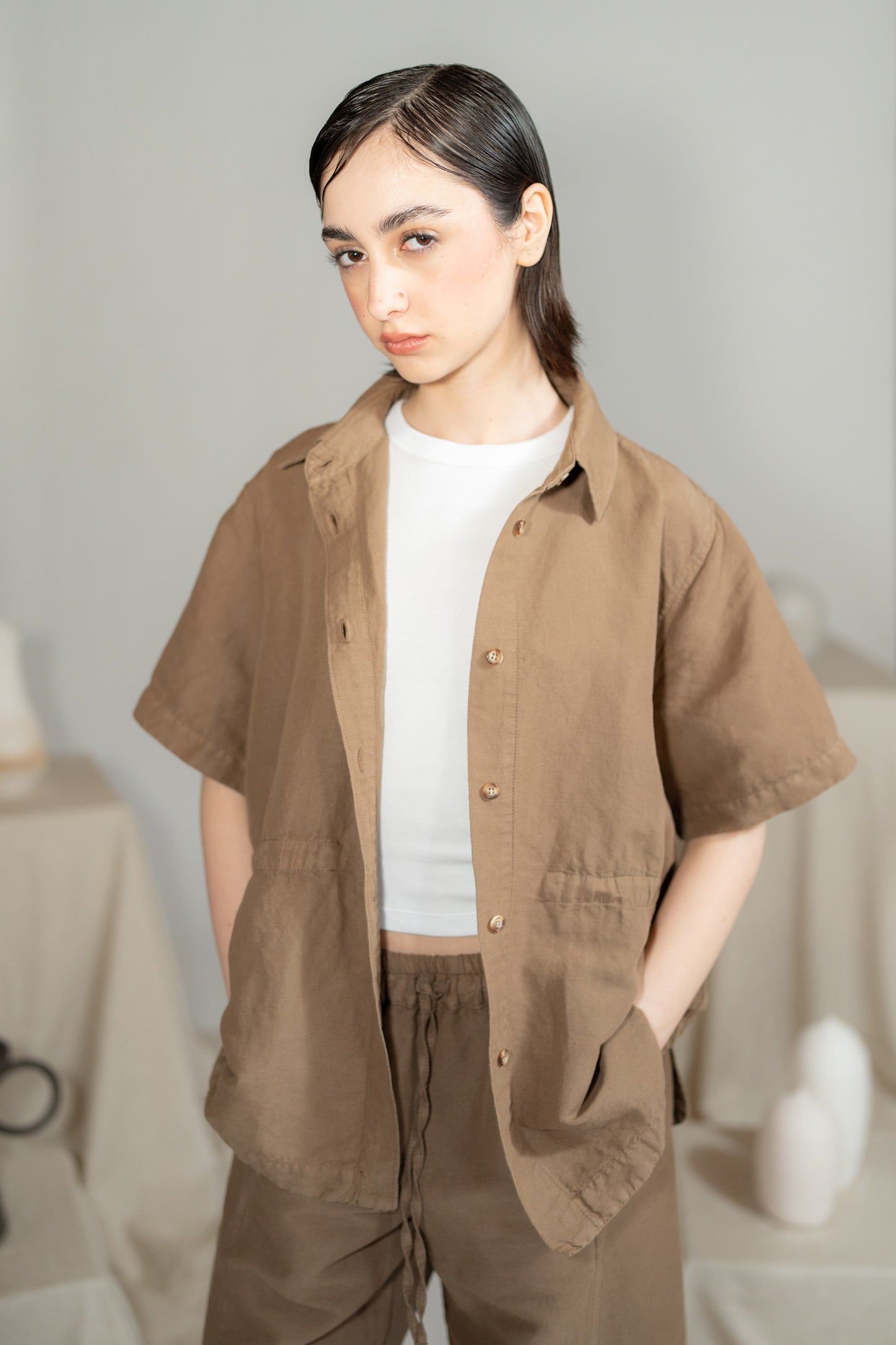 Camicia Aura con coulisse in Canapa Cotone - Marrone