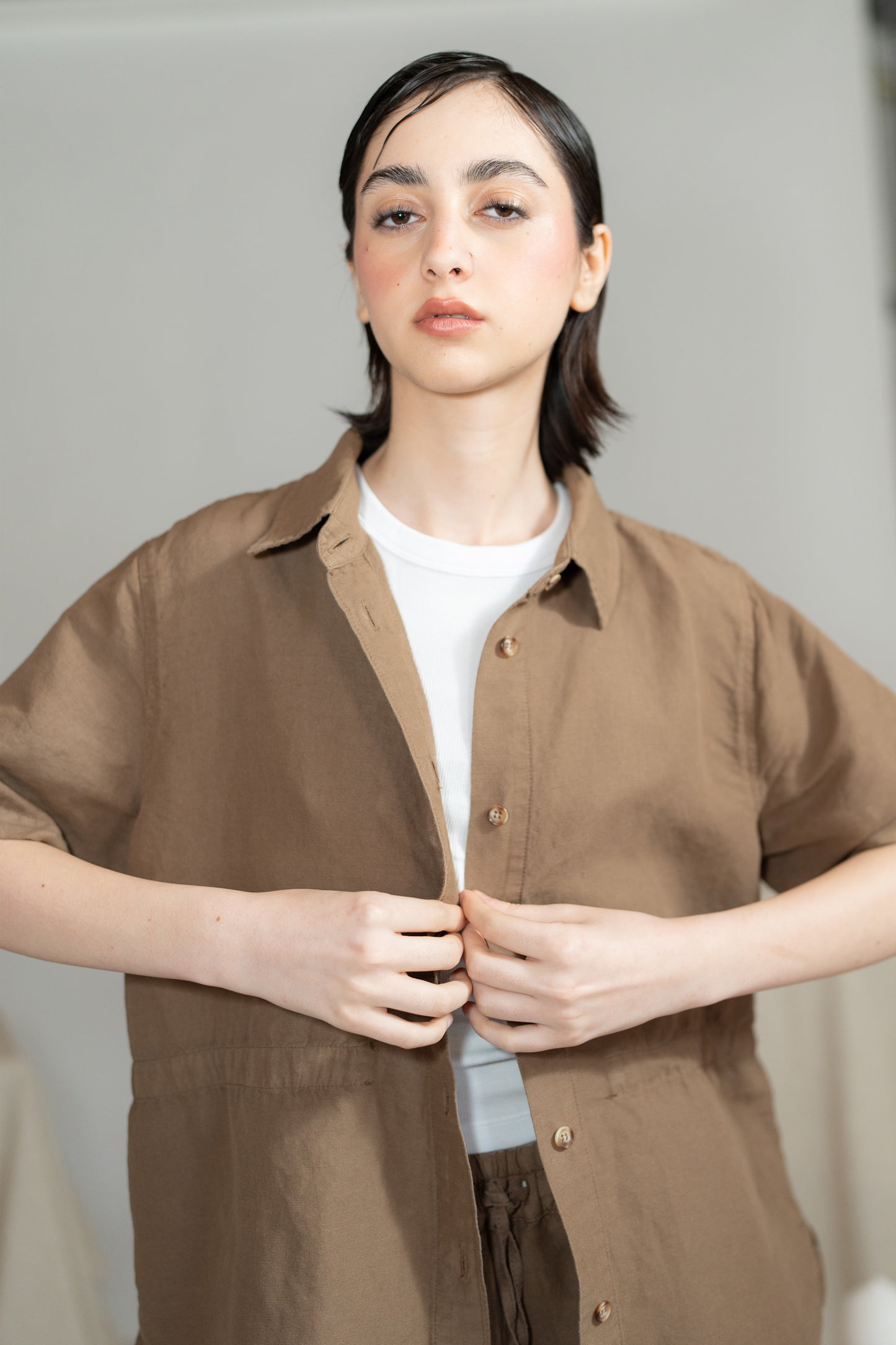 Camicia Aura con coulisse in Canapa Cotone - Marrone