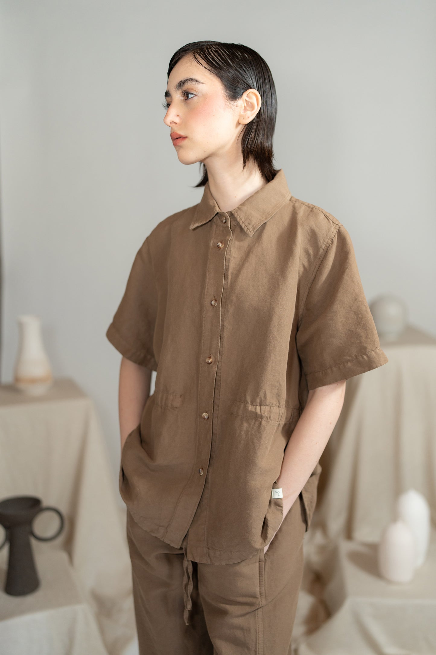 Camicia Aura con coulisse in Canapa Cotone - Marrone