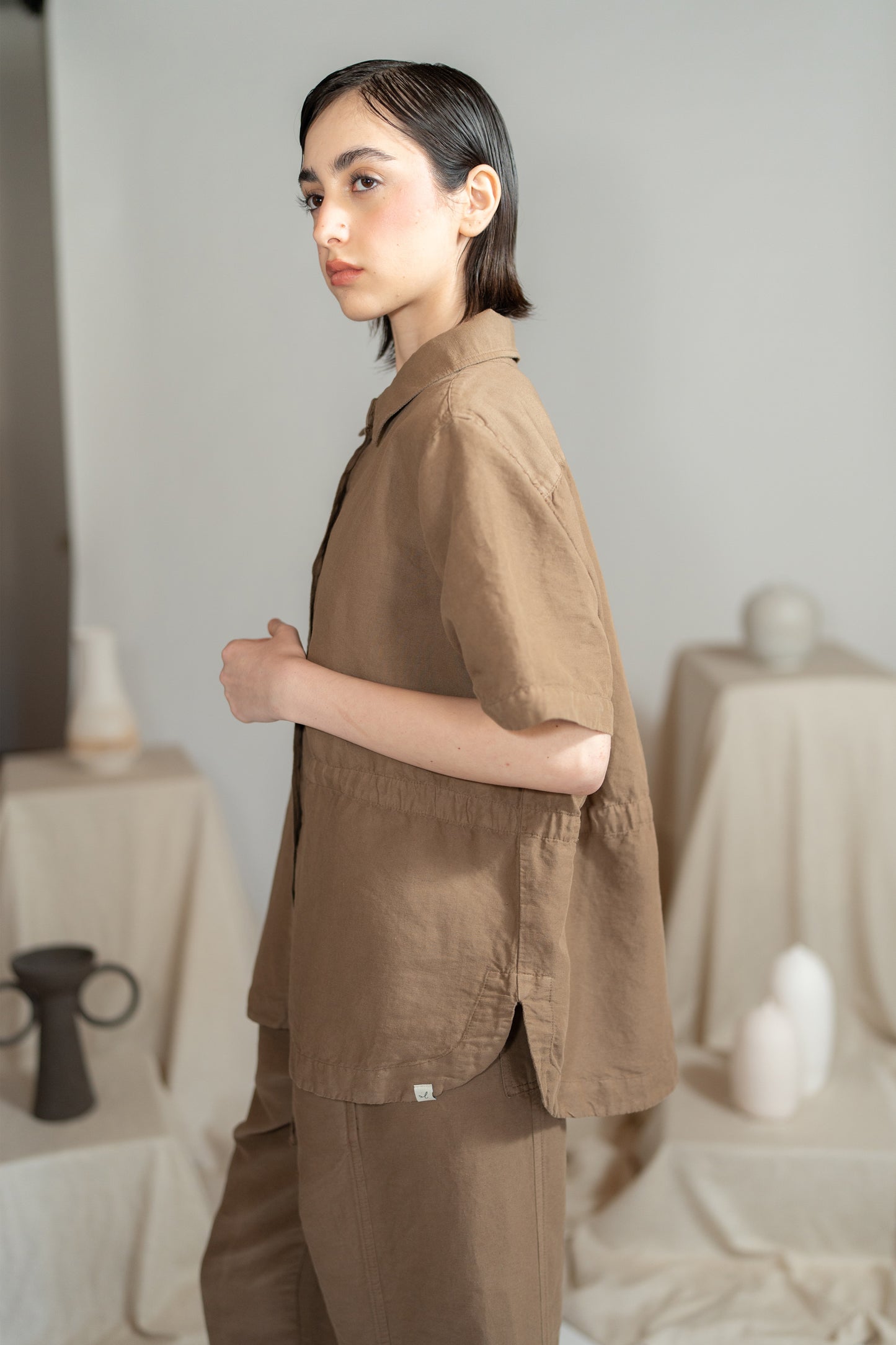 Camicia Aura con coulisse in Canapa Cotone - Marrone