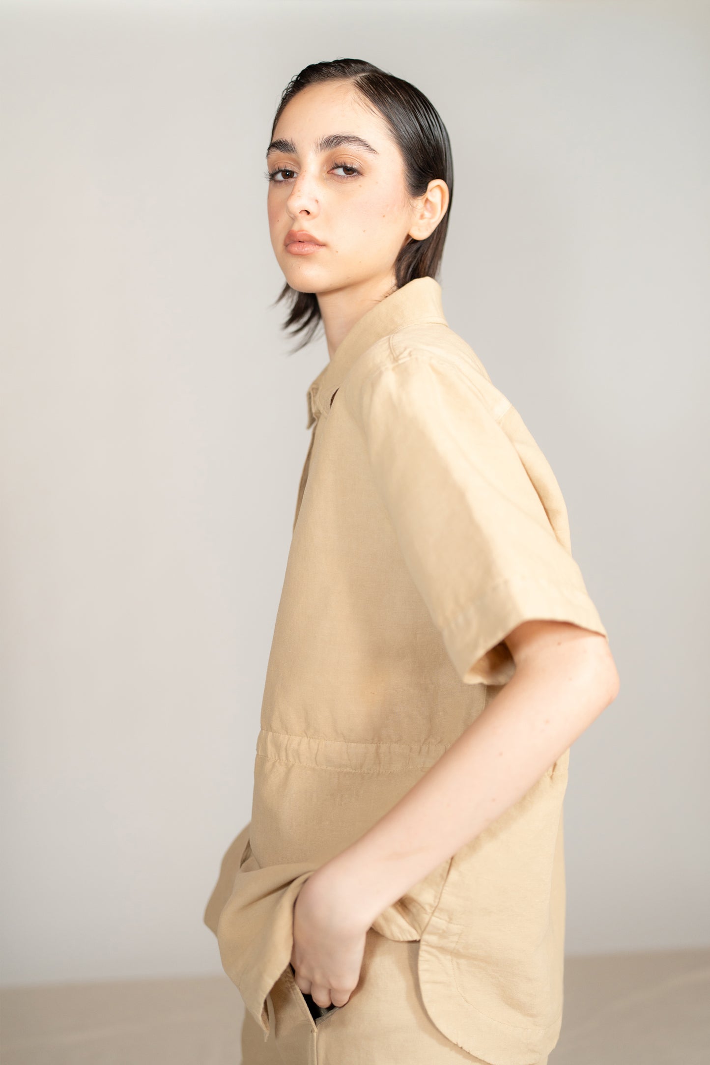 Camicia Aura con coulisse in Canapa Cotone - Miele