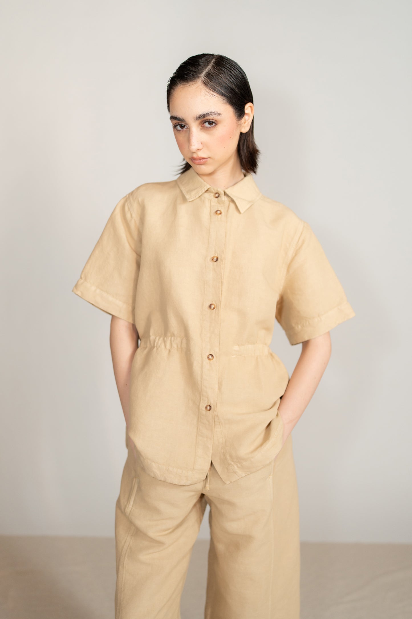 Camicia Aura con coulisse in Canapa Cotone - Miele
