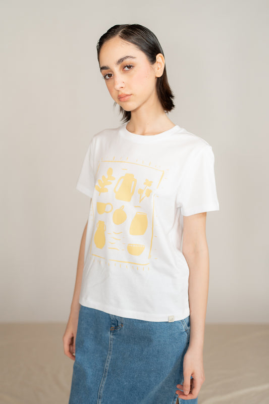 T-shirt "giardini interiori" - cotone bio - Off white/Giallo