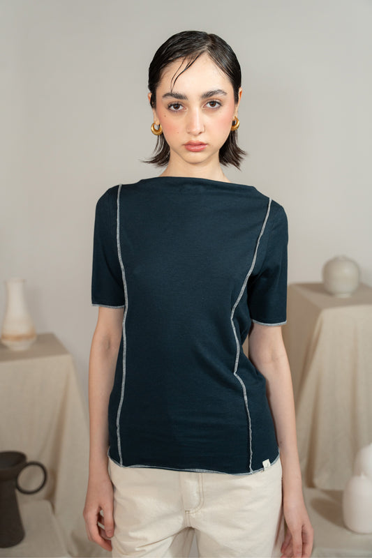 Tea maglia manica corta in cotone canapa contrasti bianco - blu Navy