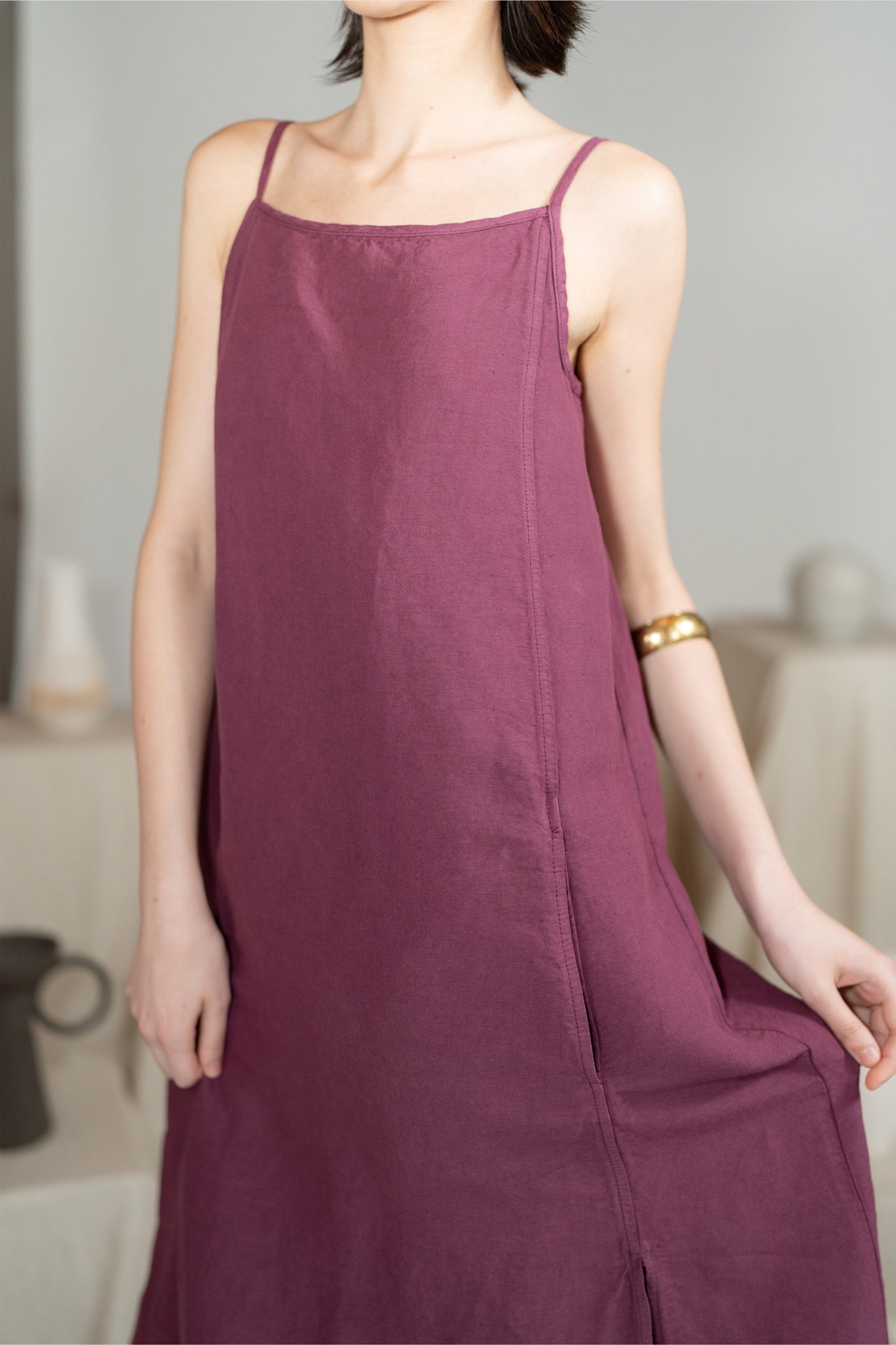 Vestito Aria in canapa cotone con fodera e tasche- Amaranto