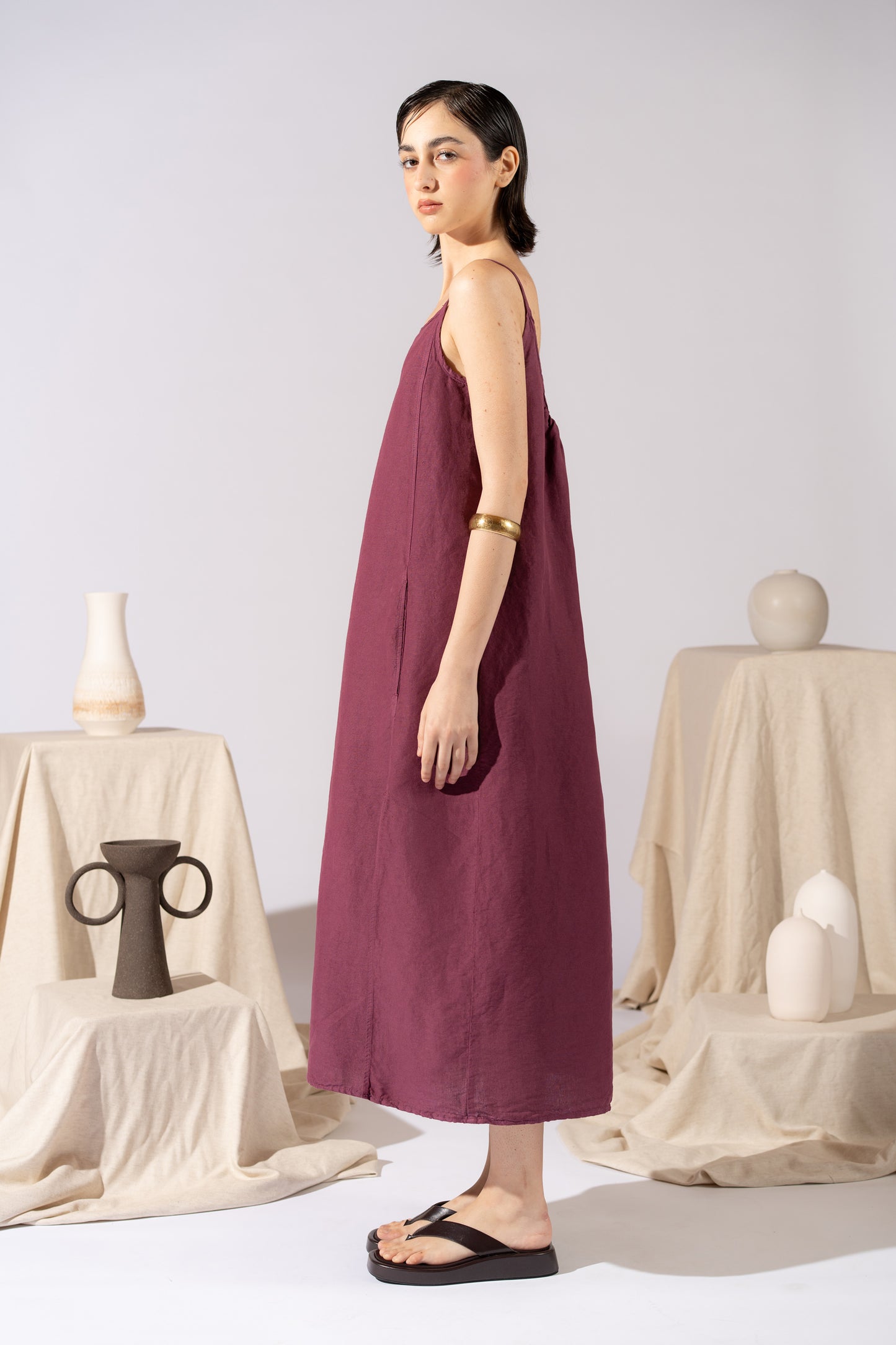 Vestito Aria in canapa cotone con fodera e tasche- Amaranto