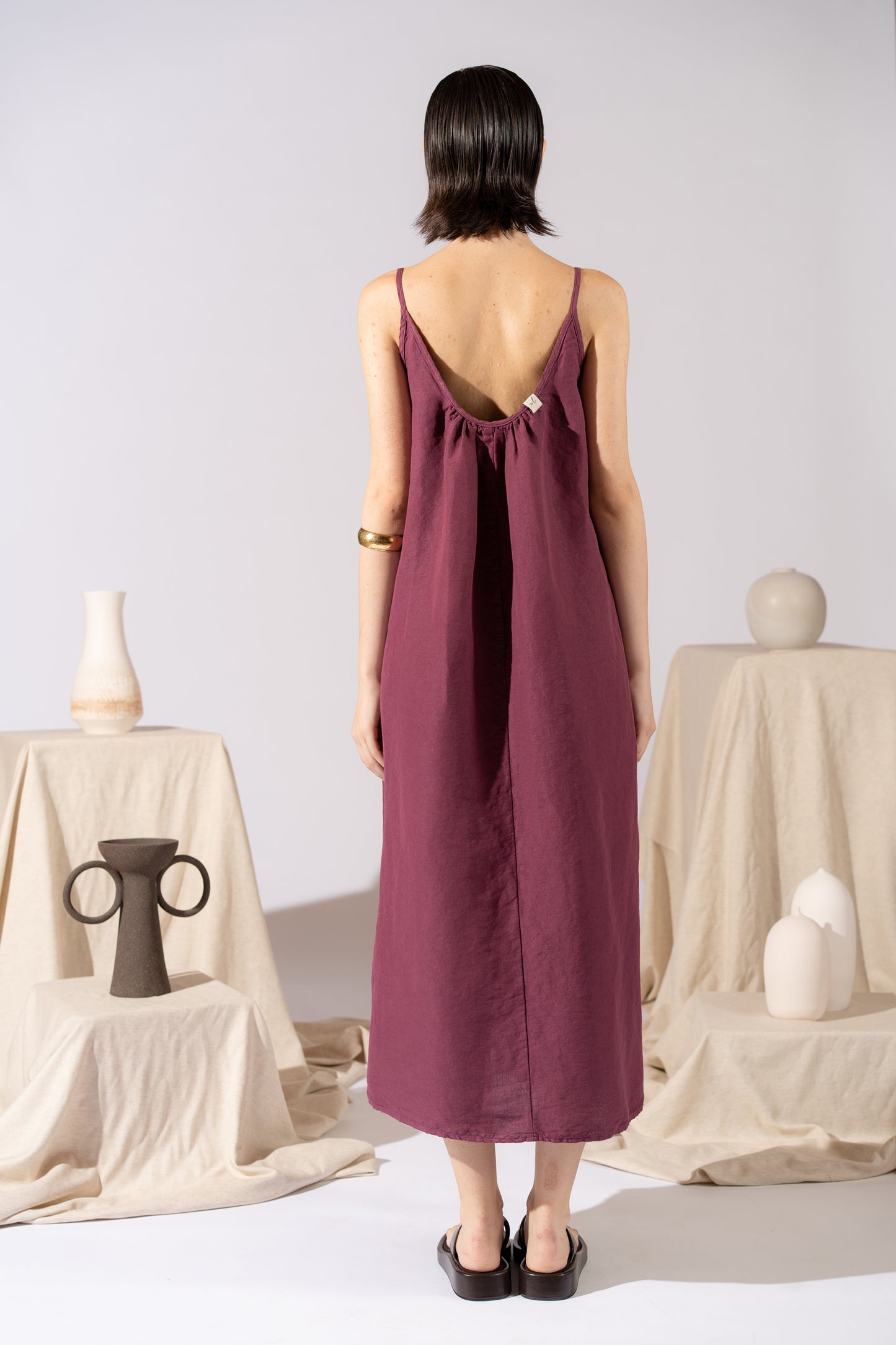 Vestito Aria in canapa cotone con fodera e tasche- Amaranto