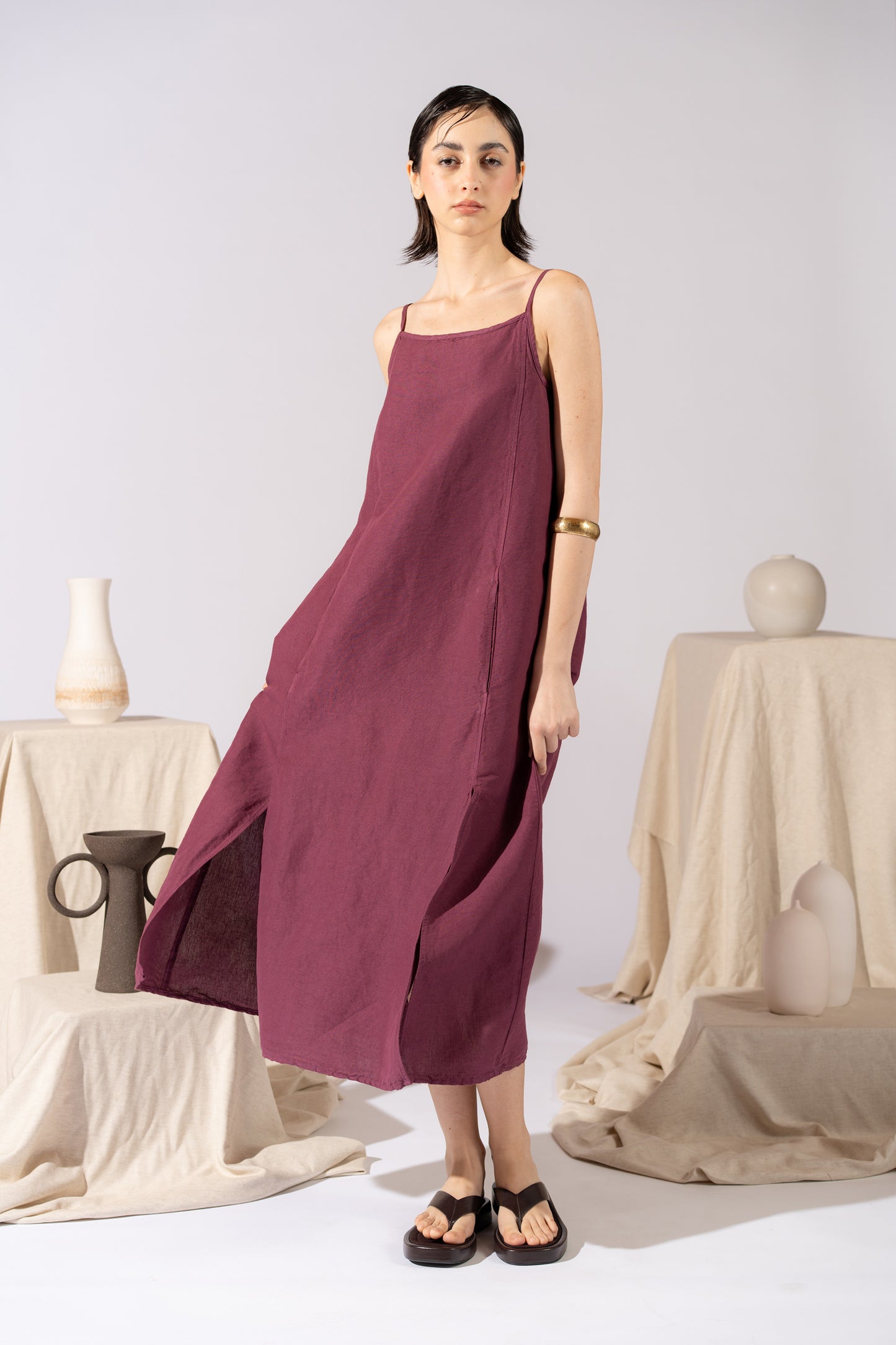 Vestito Aria in canapa cotone con fodera e tasche- Amaranto