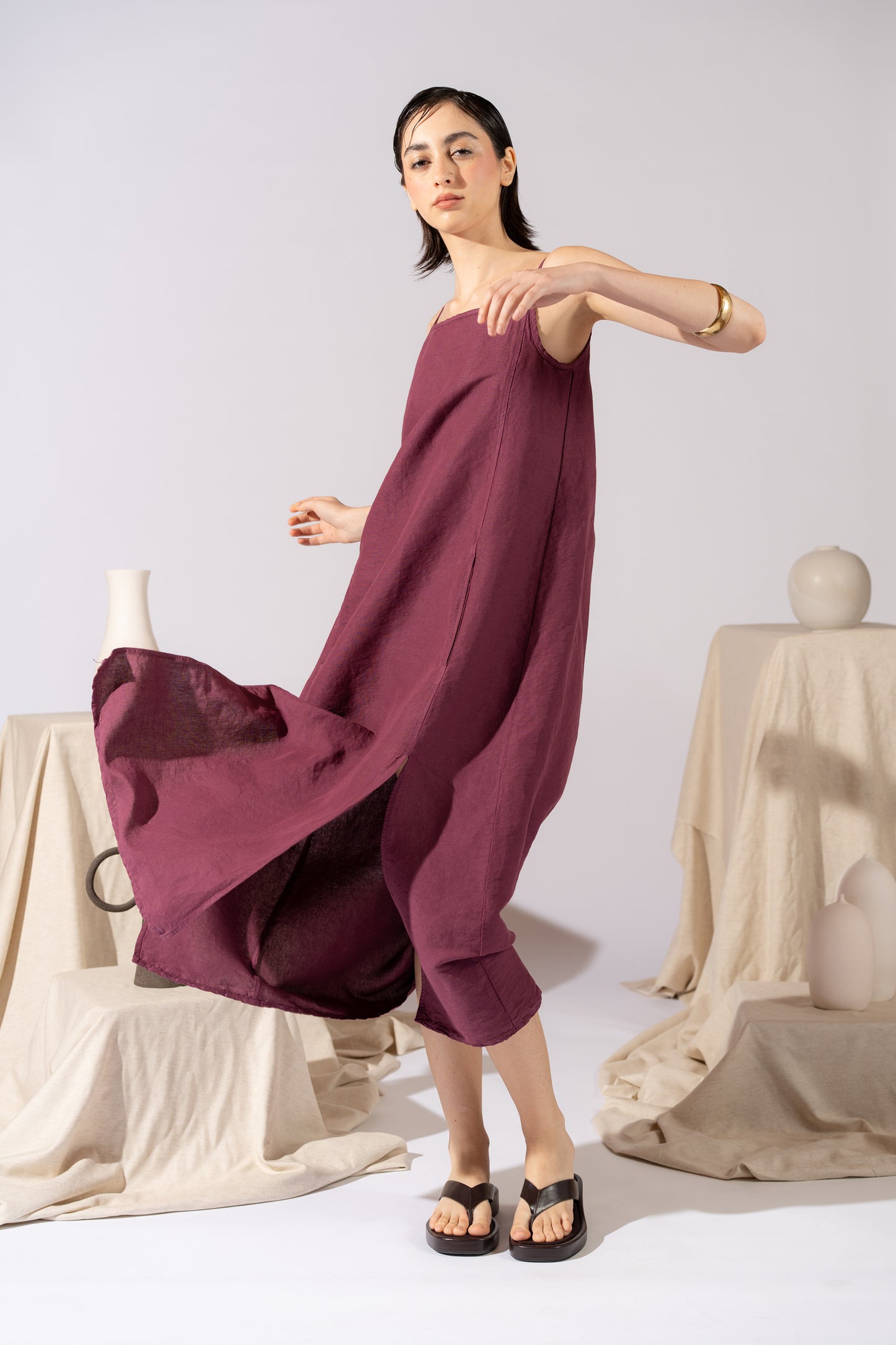 Vestito Aria in canapa cotone con fodera e tasche- Amaranto