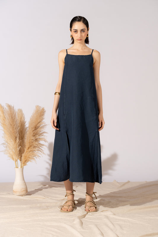 Vestito Aria in canapa cotone con fodera e tasche- blu Navy