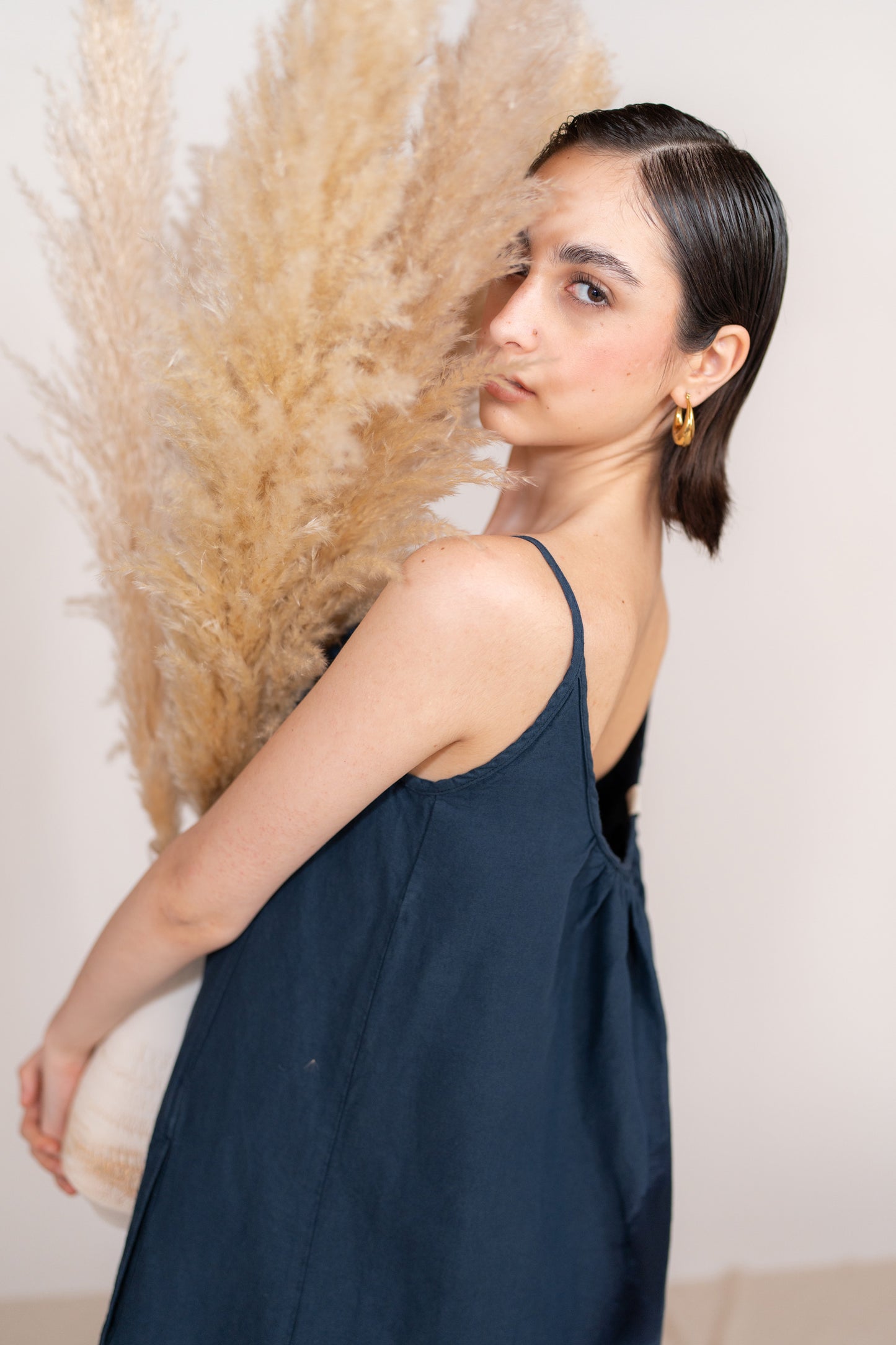 Vestito Aria in canapa cotone con fodera e tasche- blu Navy