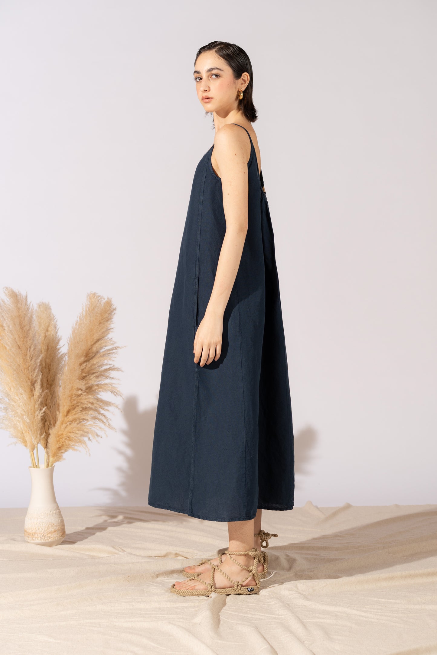 Vestito Aria in canapa cotone con fodera e tasche- blu Navy