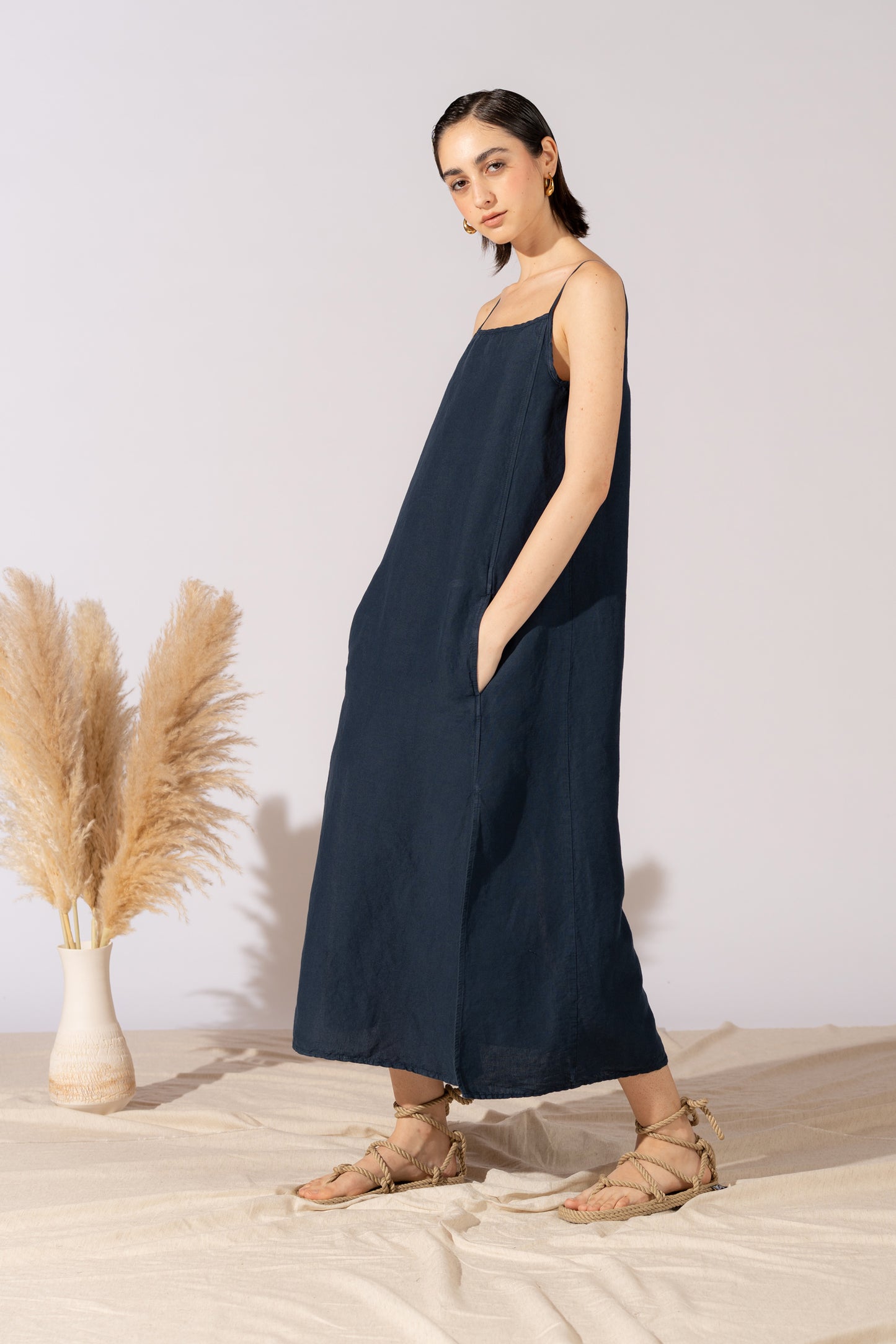 Vestito Aria in canapa cotone con fodera e tasche- blu Navy