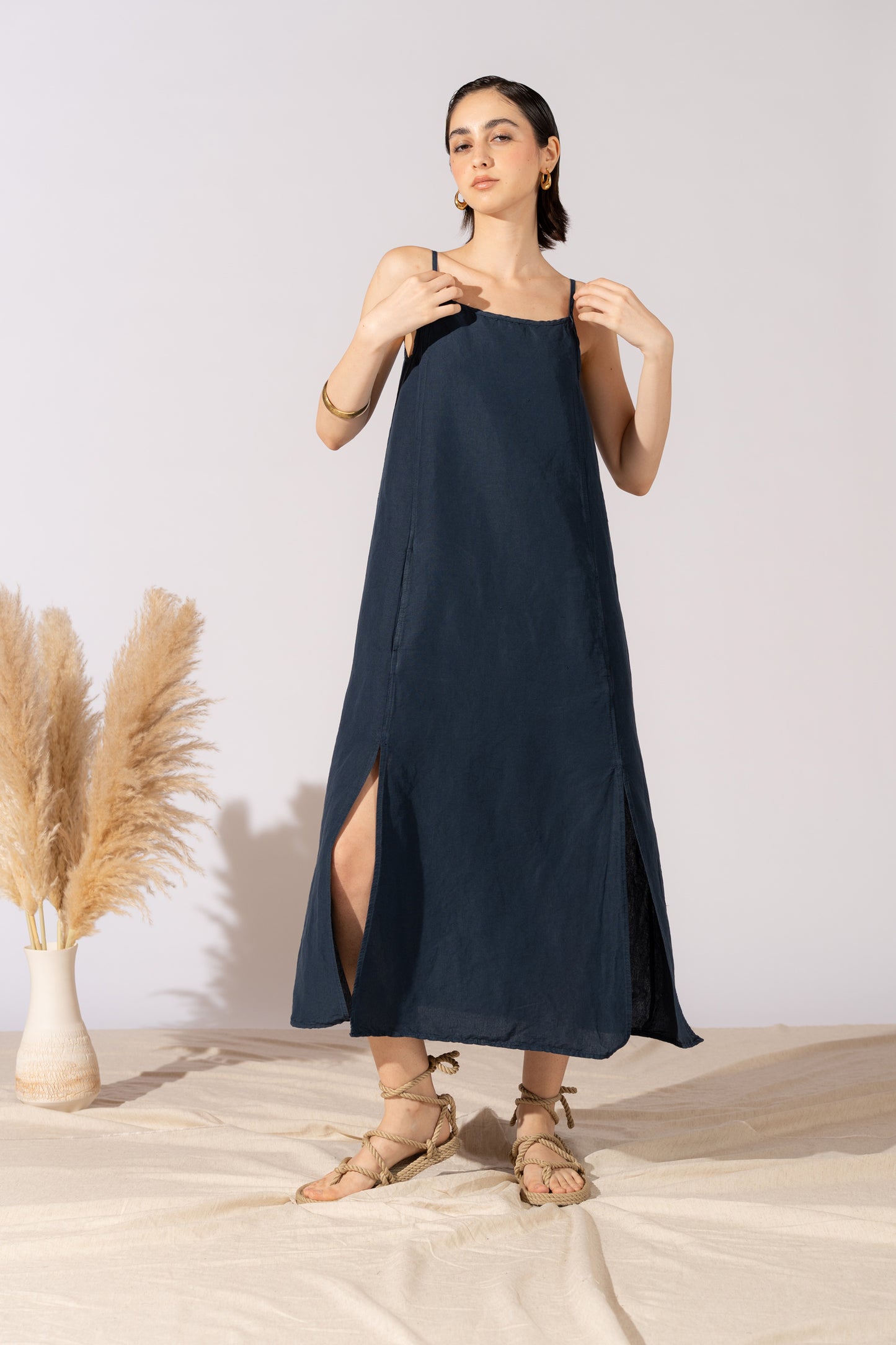 Vestito Aria in canapa cotone con fodera e tasche- blu Navy
