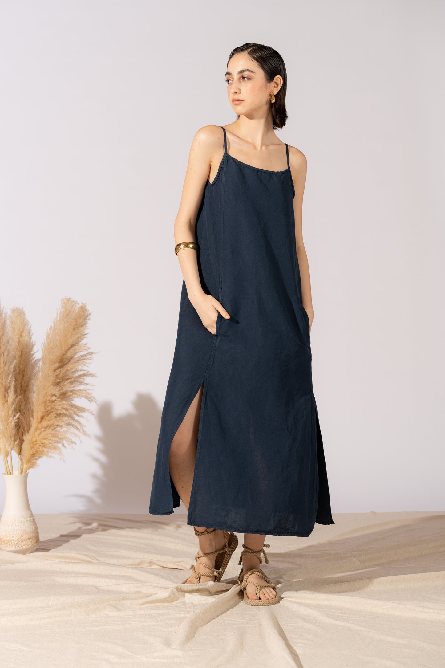 Vestito Aria in canapa cotone con fodera e tasche- blu Navy