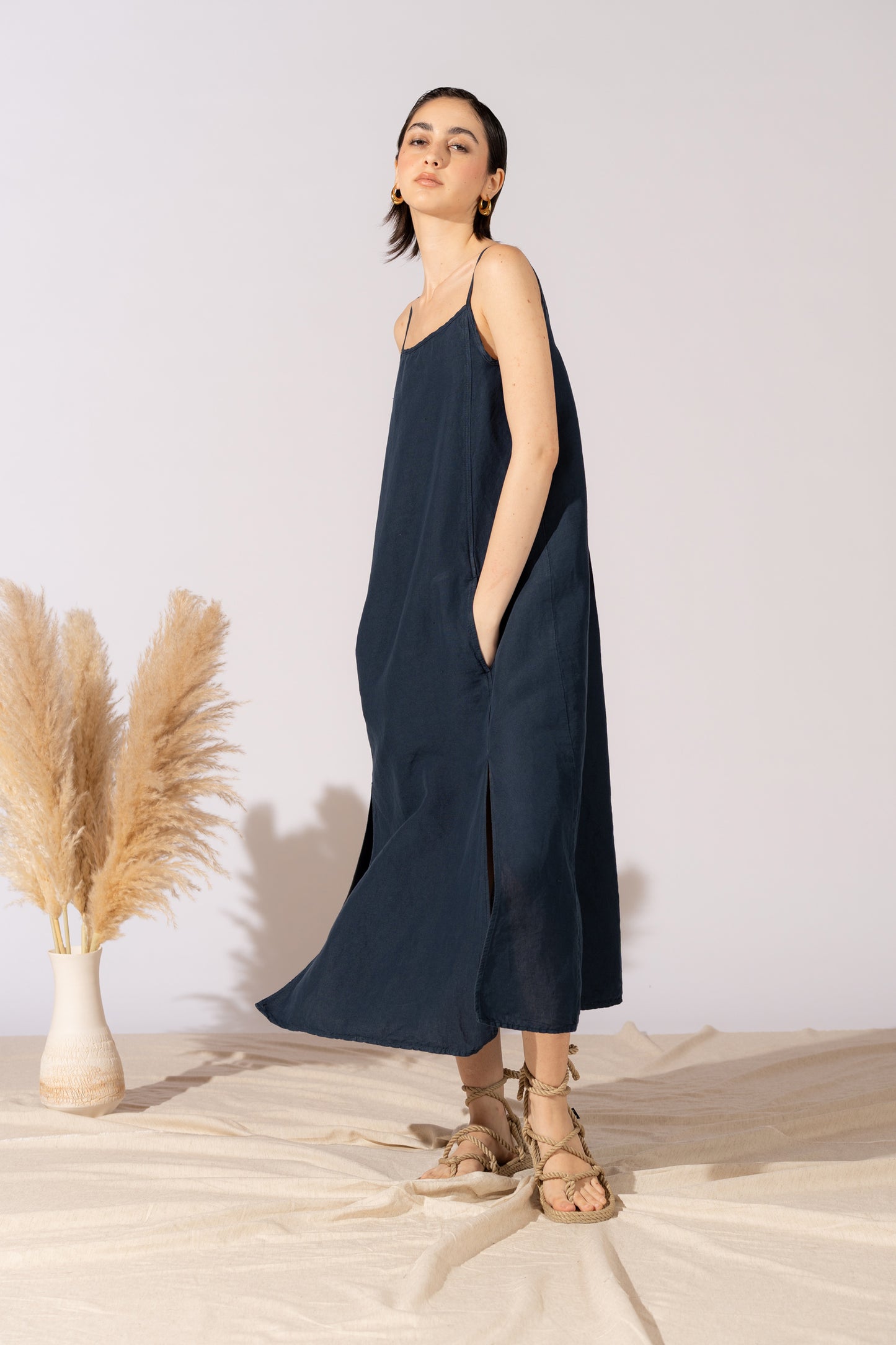 Vestito Aria in canapa cotone con fodera e tasche- blu Navy