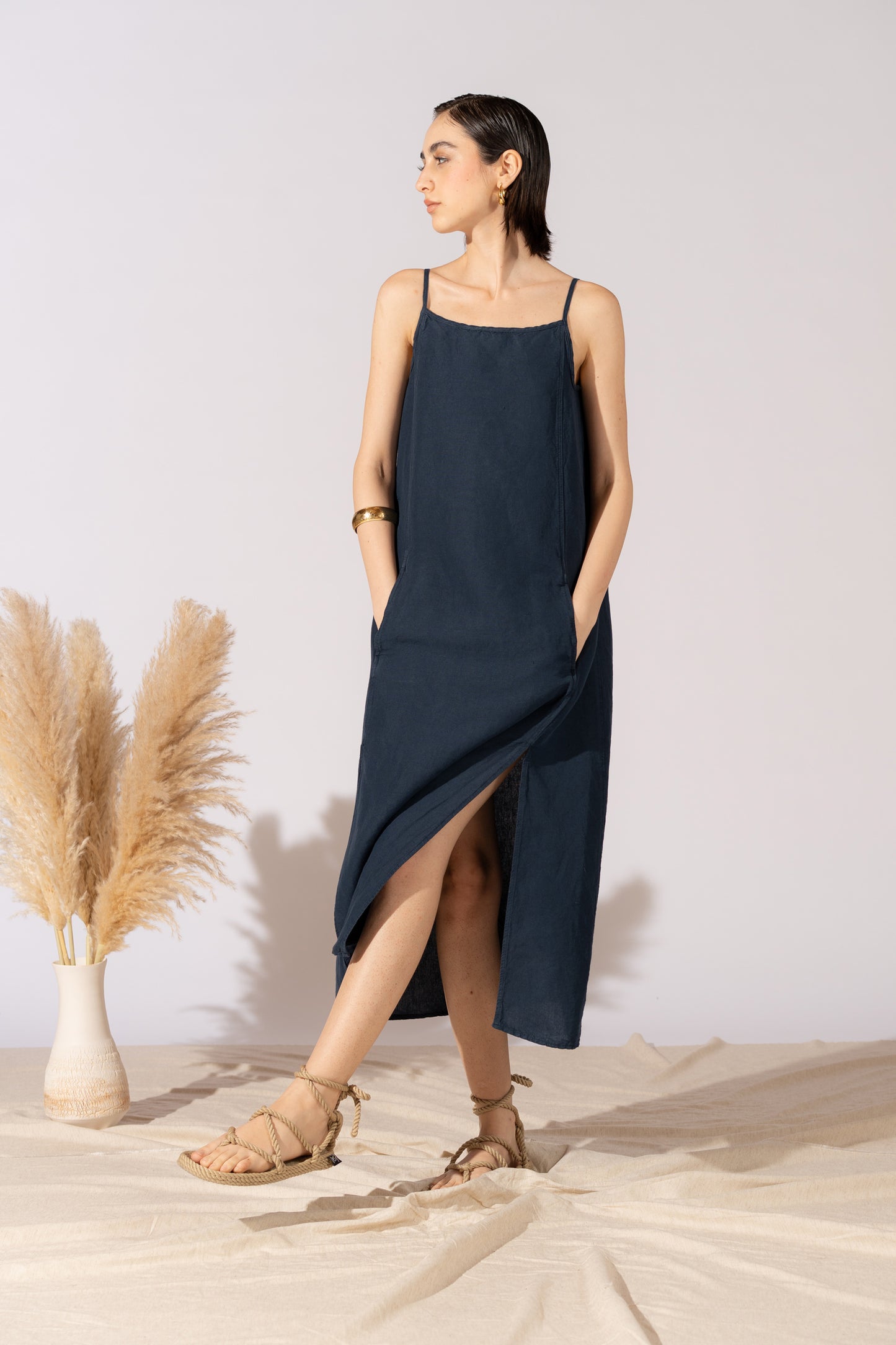 Vestito Aria in canapa cotone con fodera e tasche- blu Navy
