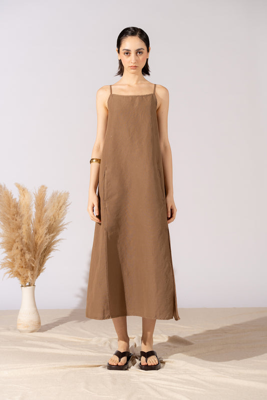 Vestito Aria in canapa cotone con fodera e tasche- Marrone