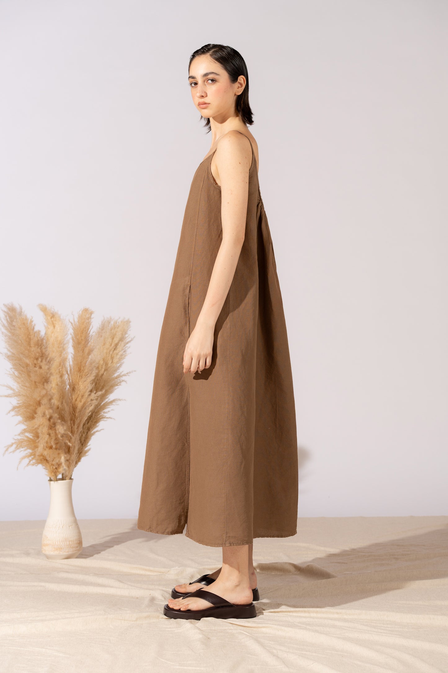 Vestito Aria in canapa cotone con fodera e tasche- Marrone