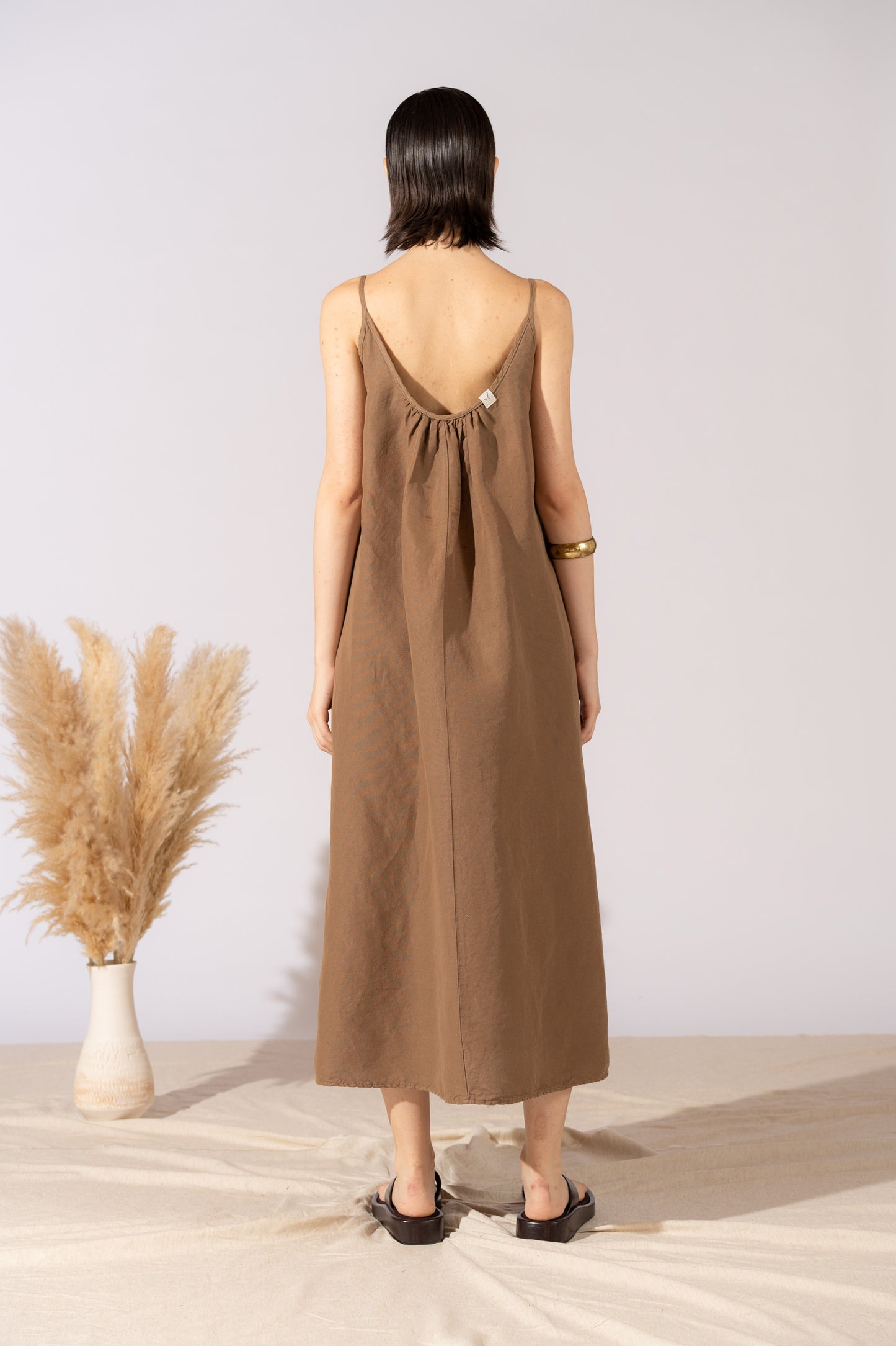 Vestito Aria in canapa cotone con fodera e tasche- Marrone