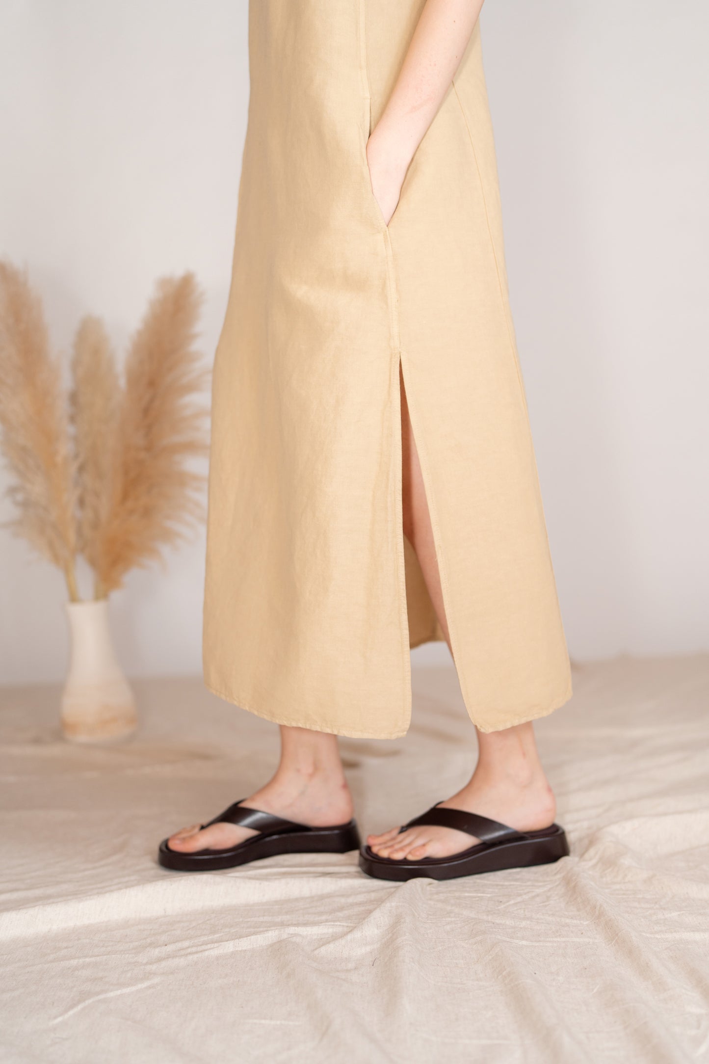 Vestito Aria in canapa cotone con fodera e tasche- Miele