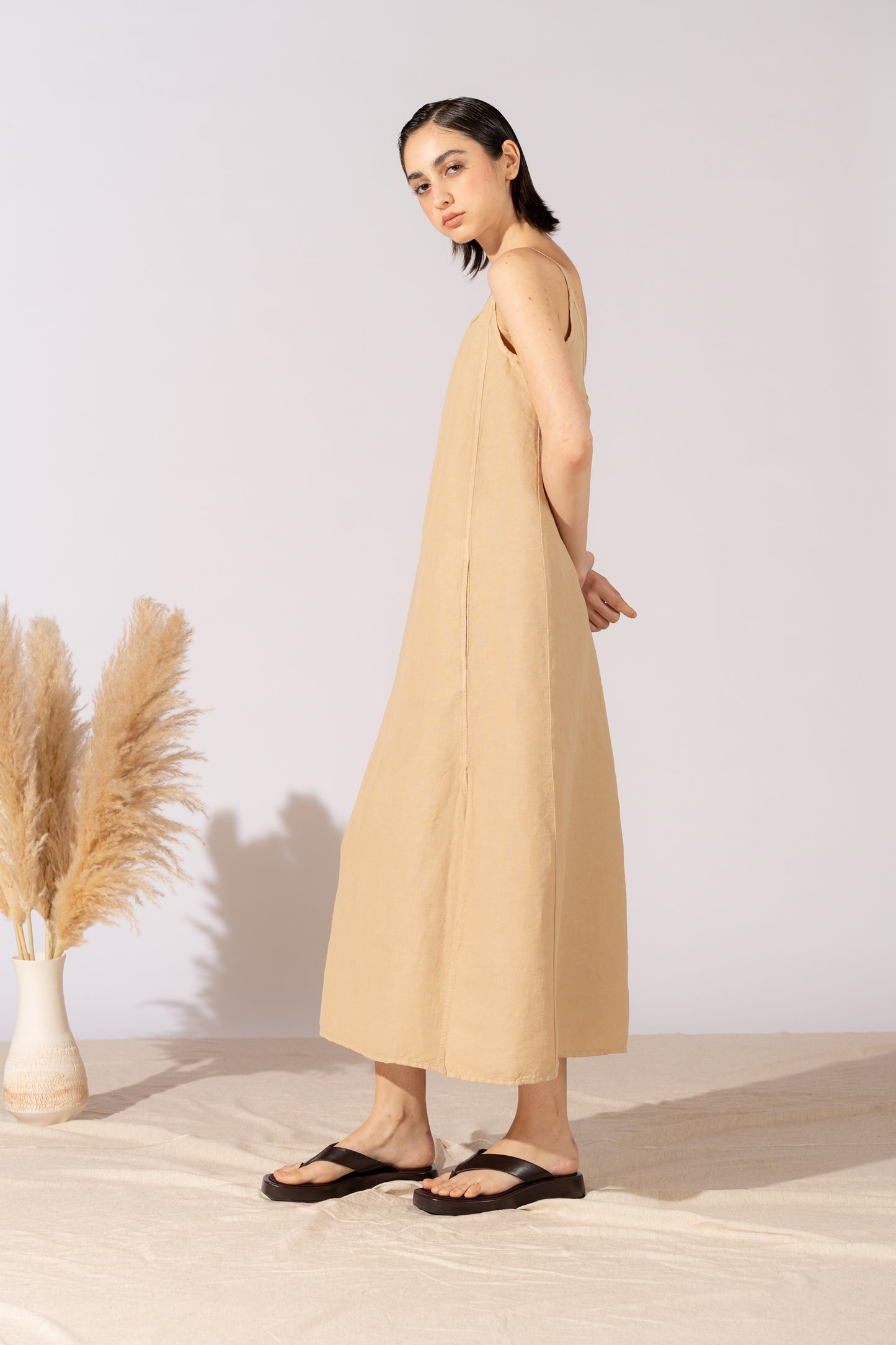 Vestito Aria in canapa cotone con fodera e tasche- Miele