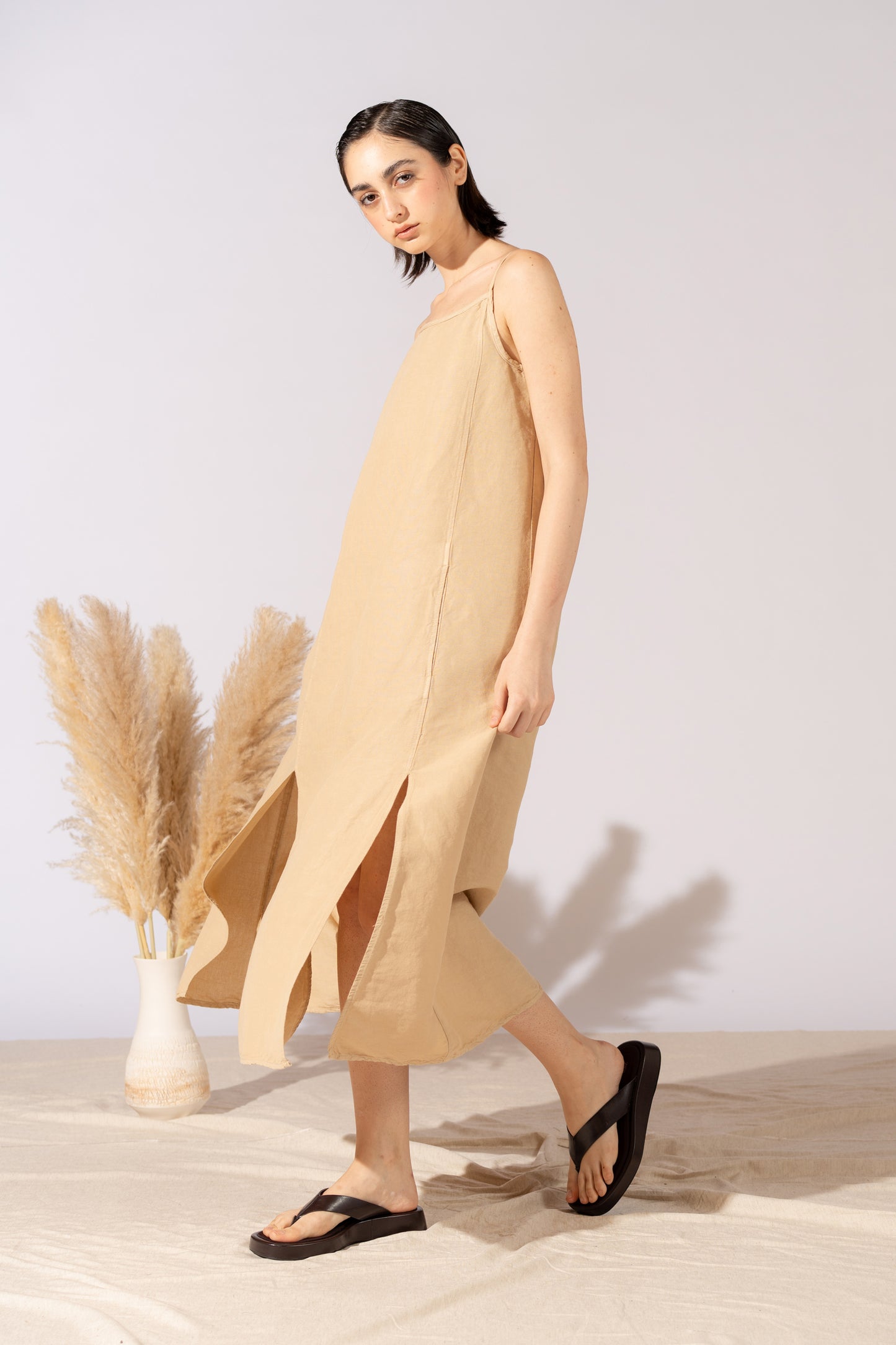 Vestito Aria in canapa cotone con fodera e tasche- Miele