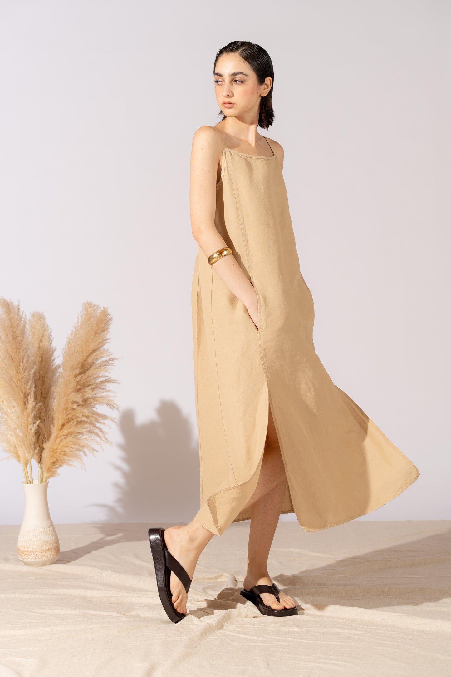 Vestito Aria in canapa cotone con fodera e tasche- Miele